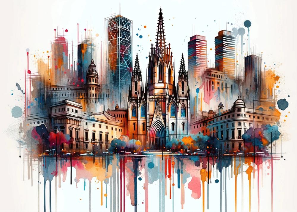 Watercolor Skyline Barcelona II