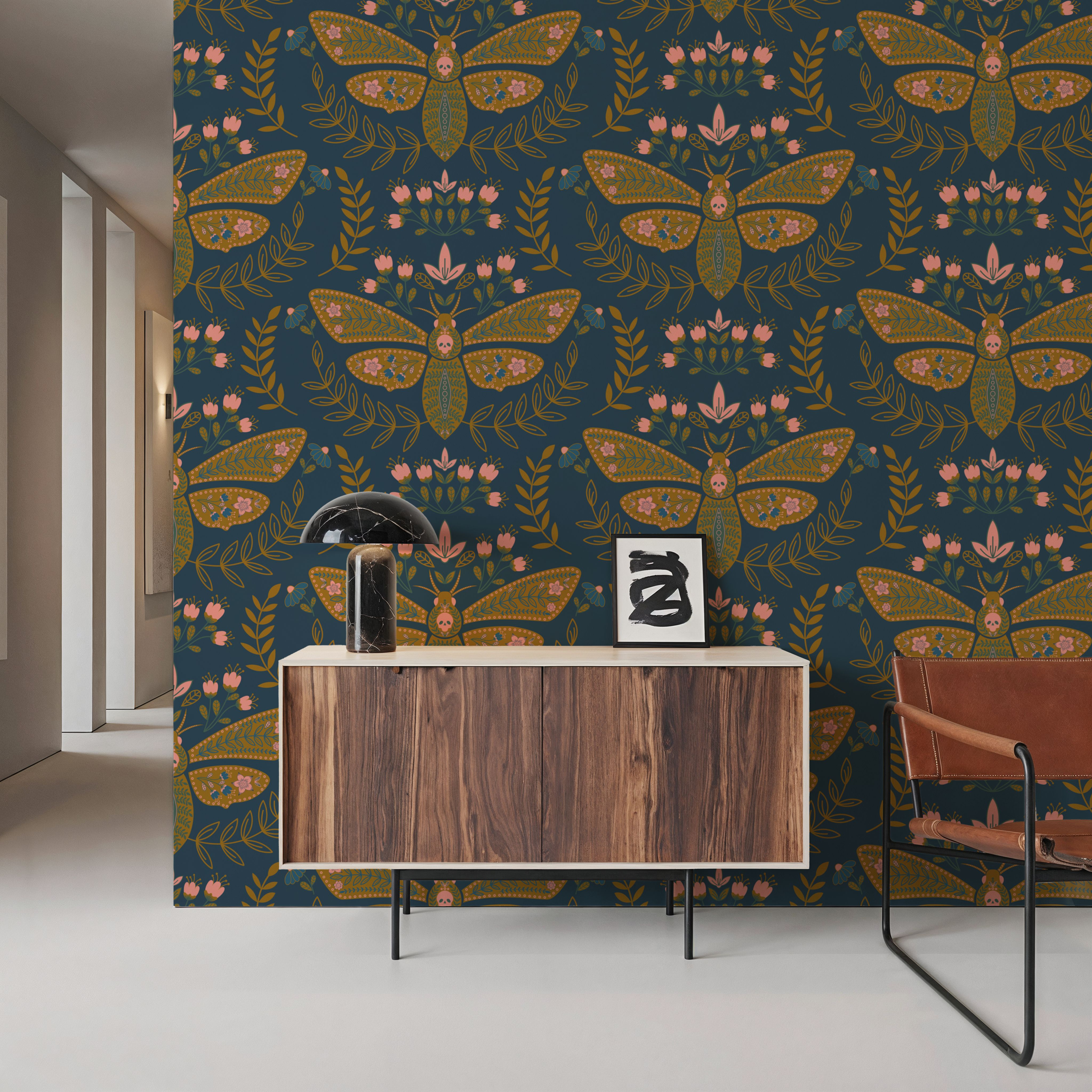 Deaths Head Moth, Dark Teal, Wallpaper