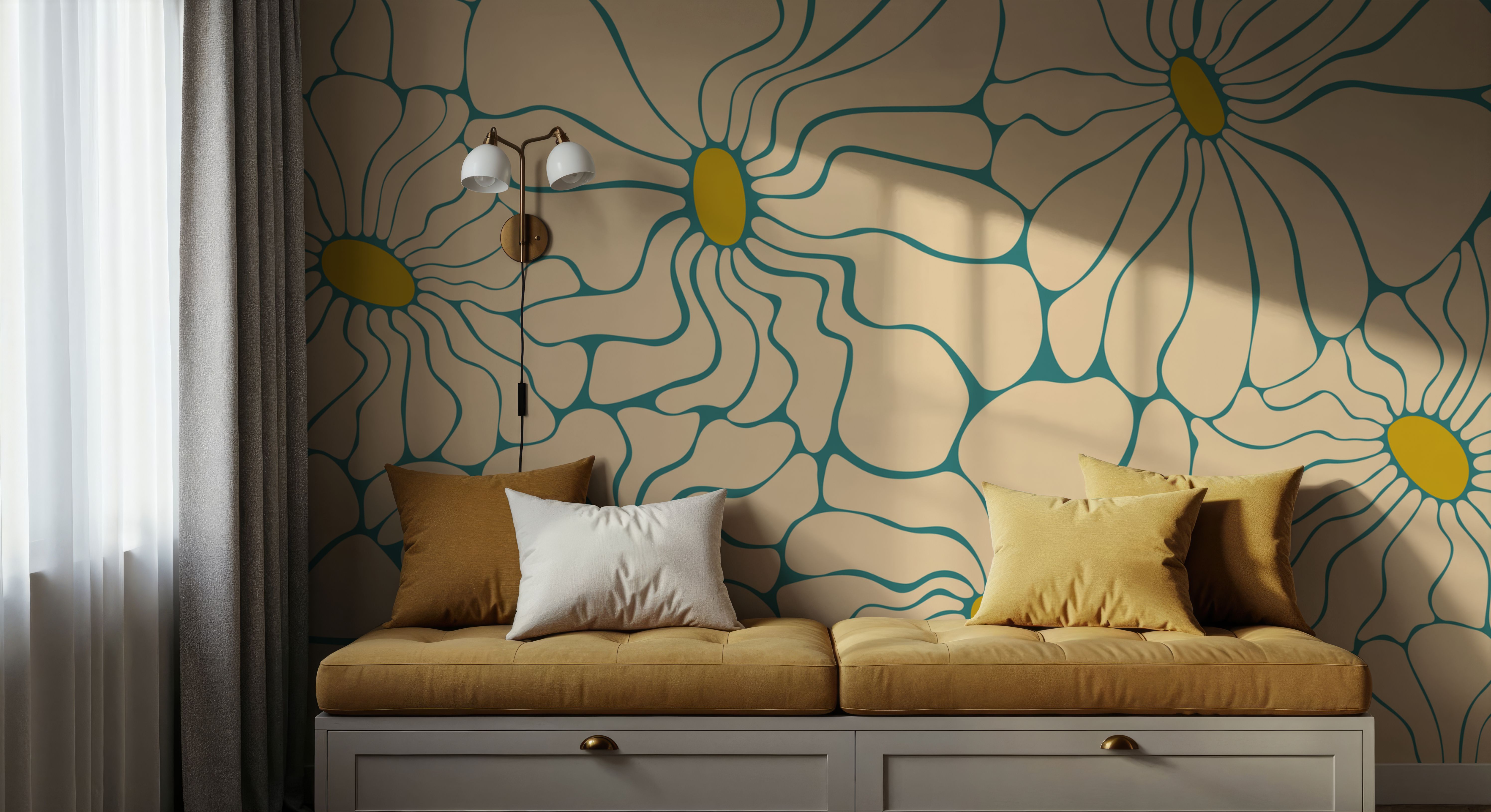 Cool Fluid Flowers Mural, Cream