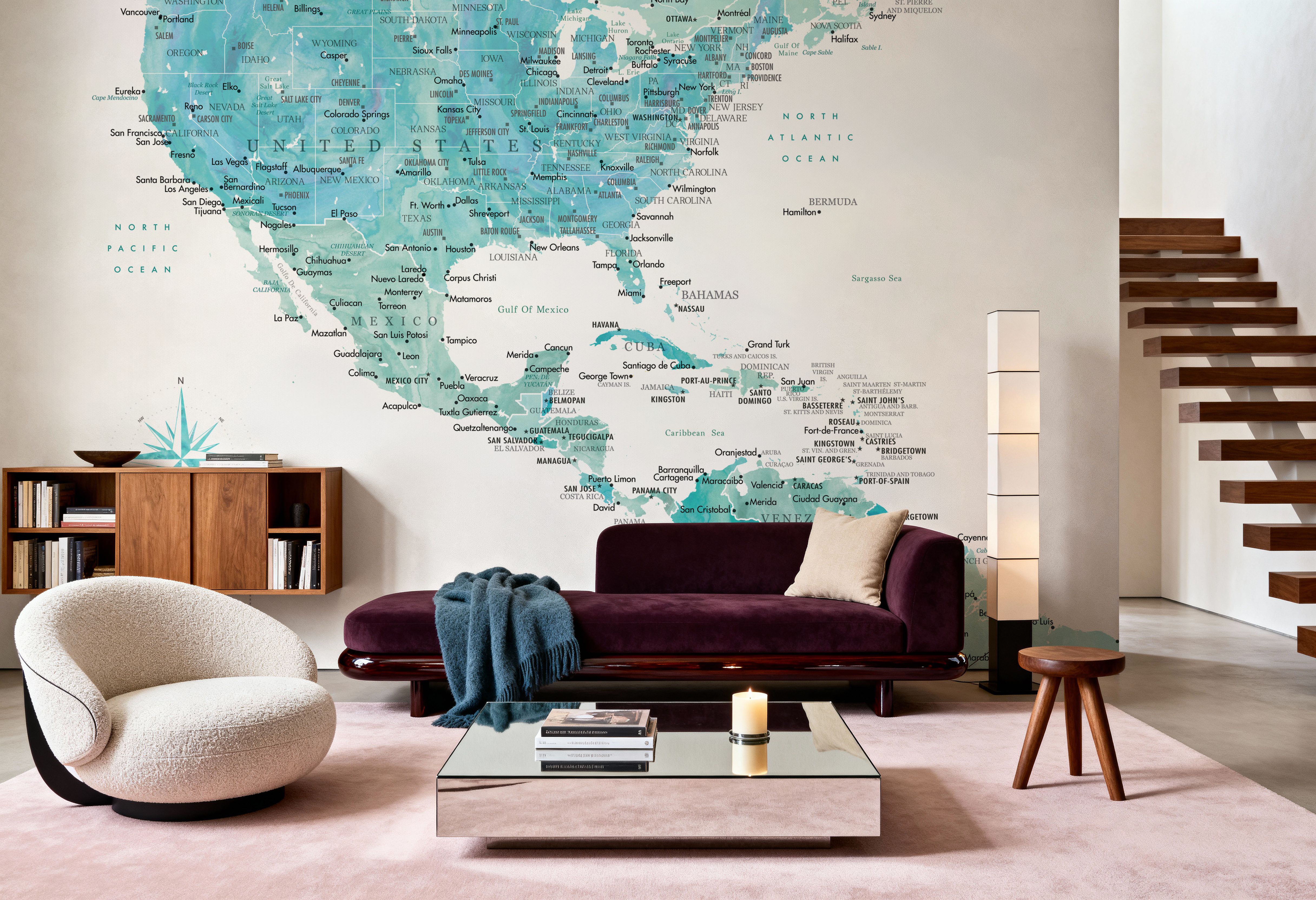 Papier Peint Panoramique - US Mexico Caribbean Map - Aquamar - Ville Monde - Salon - Wallism Belgique - Encollage au mur ou Autocollant