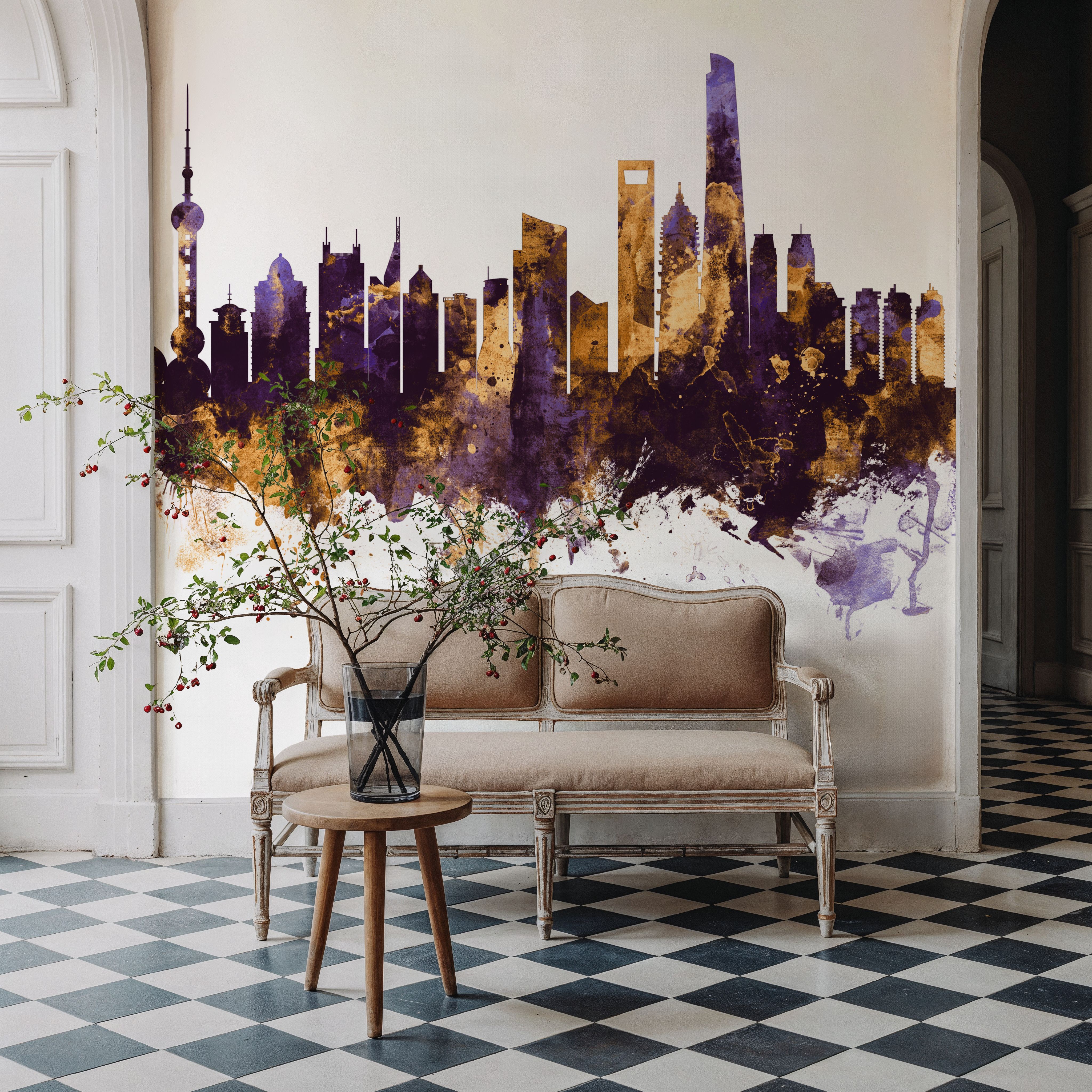 Shanghai China Skyline Purple & Gold