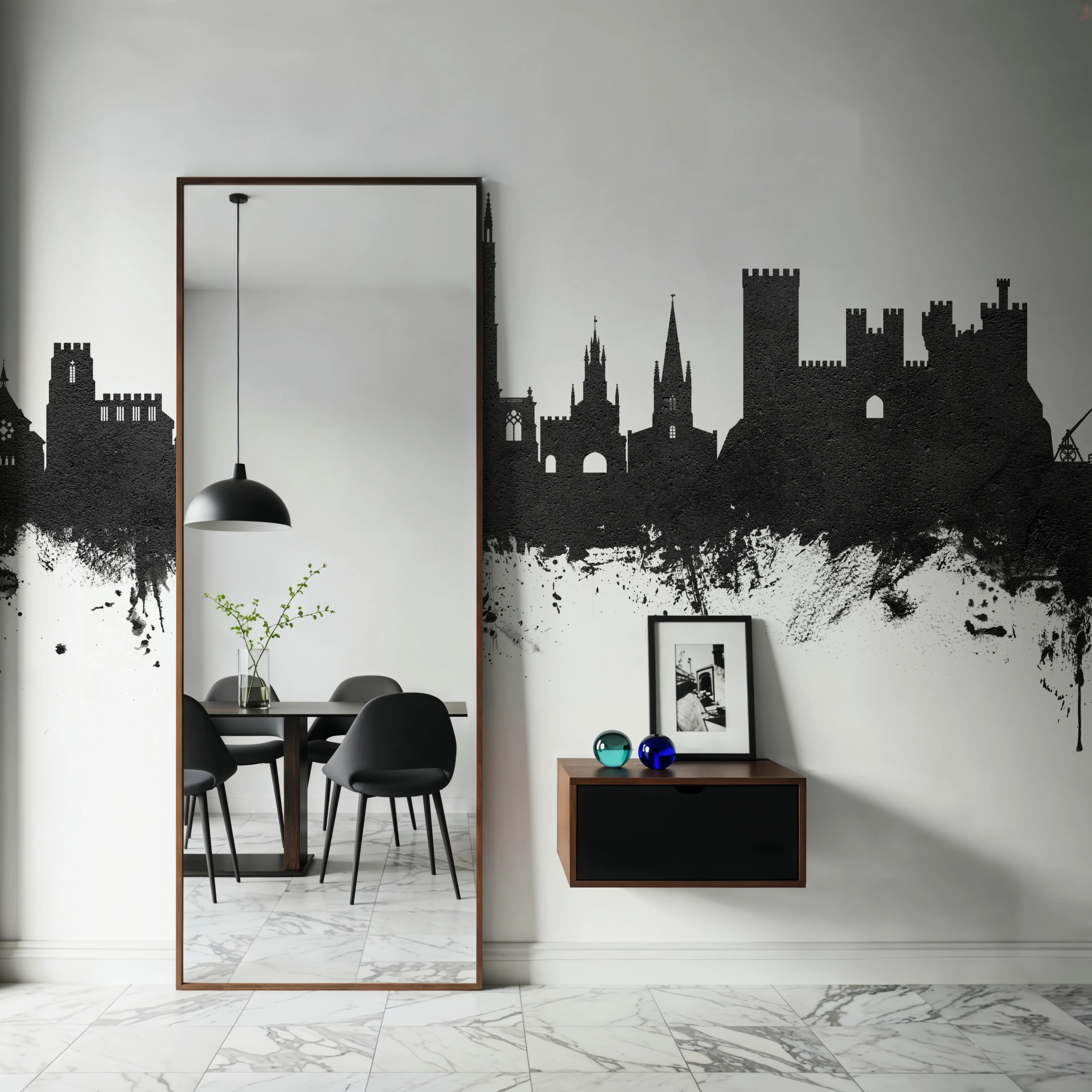 Fotobehang - Warwick England Skyline Black & White - Architectuur Grafische Kunst Mural - Grijs - Gangtrappen - Wallism België