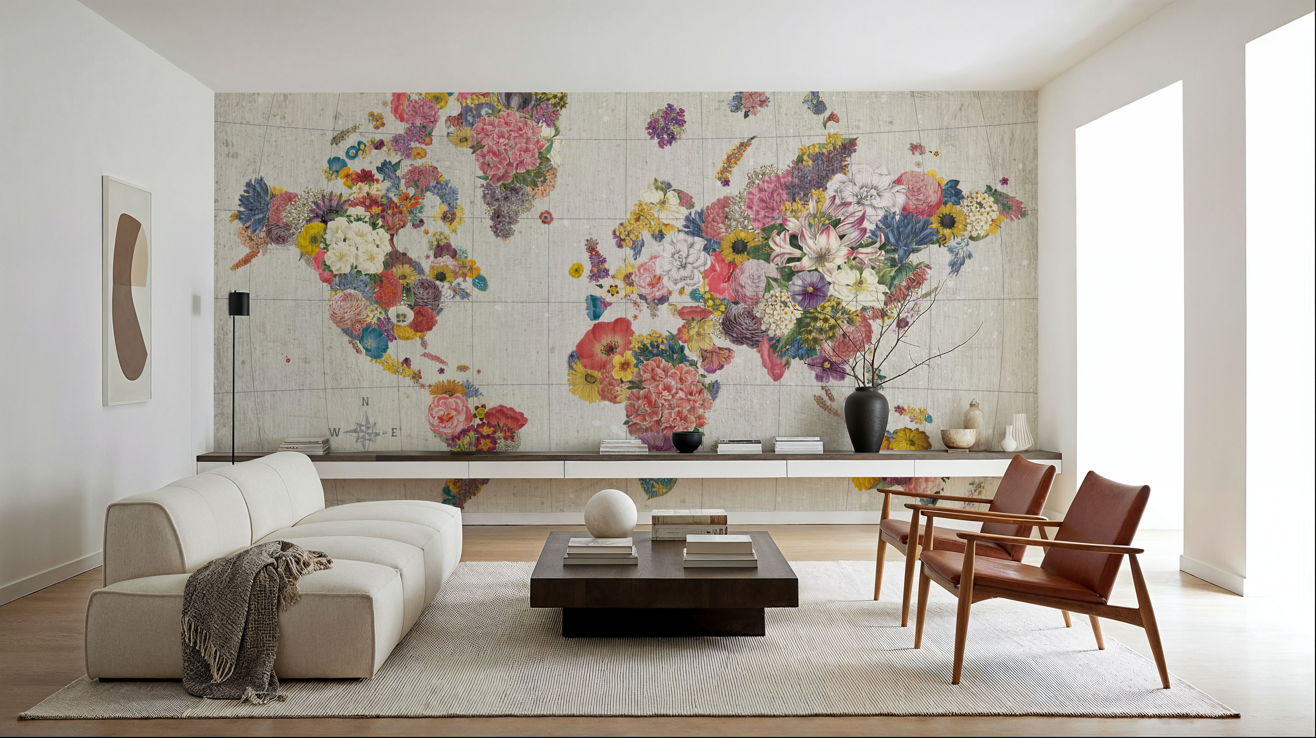 Botanical Floral Map Gray No Words, Wallpaper