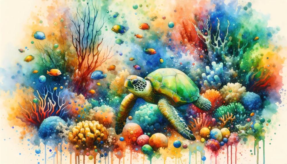 Undersea Encounter Turtle Meets Fish