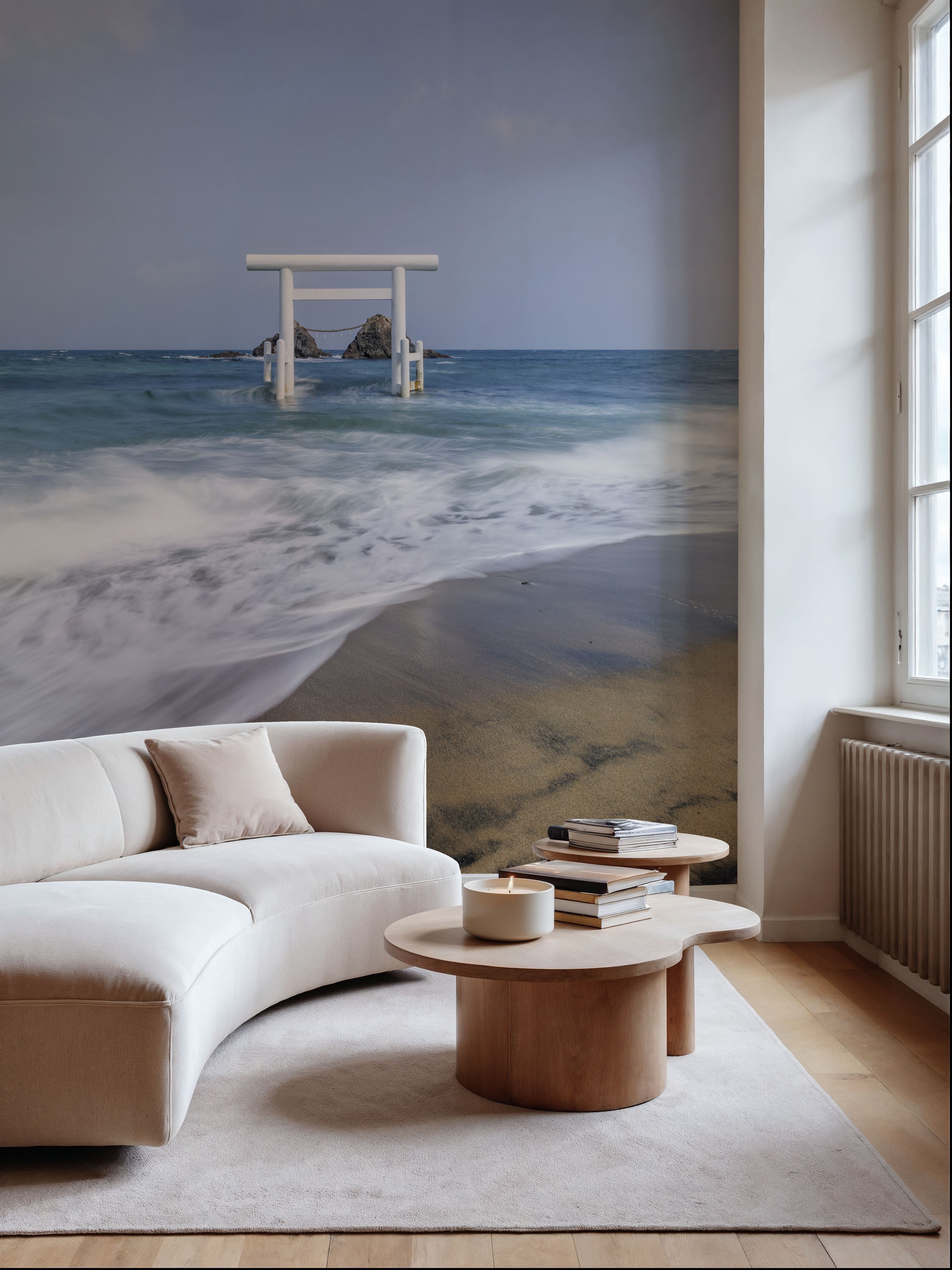 Wall Mural - Sakurai Futamigaura Meoto Iwa - Horizon Landscapes mural wallpaper - Blue - Hallway staircases - Wallism UK