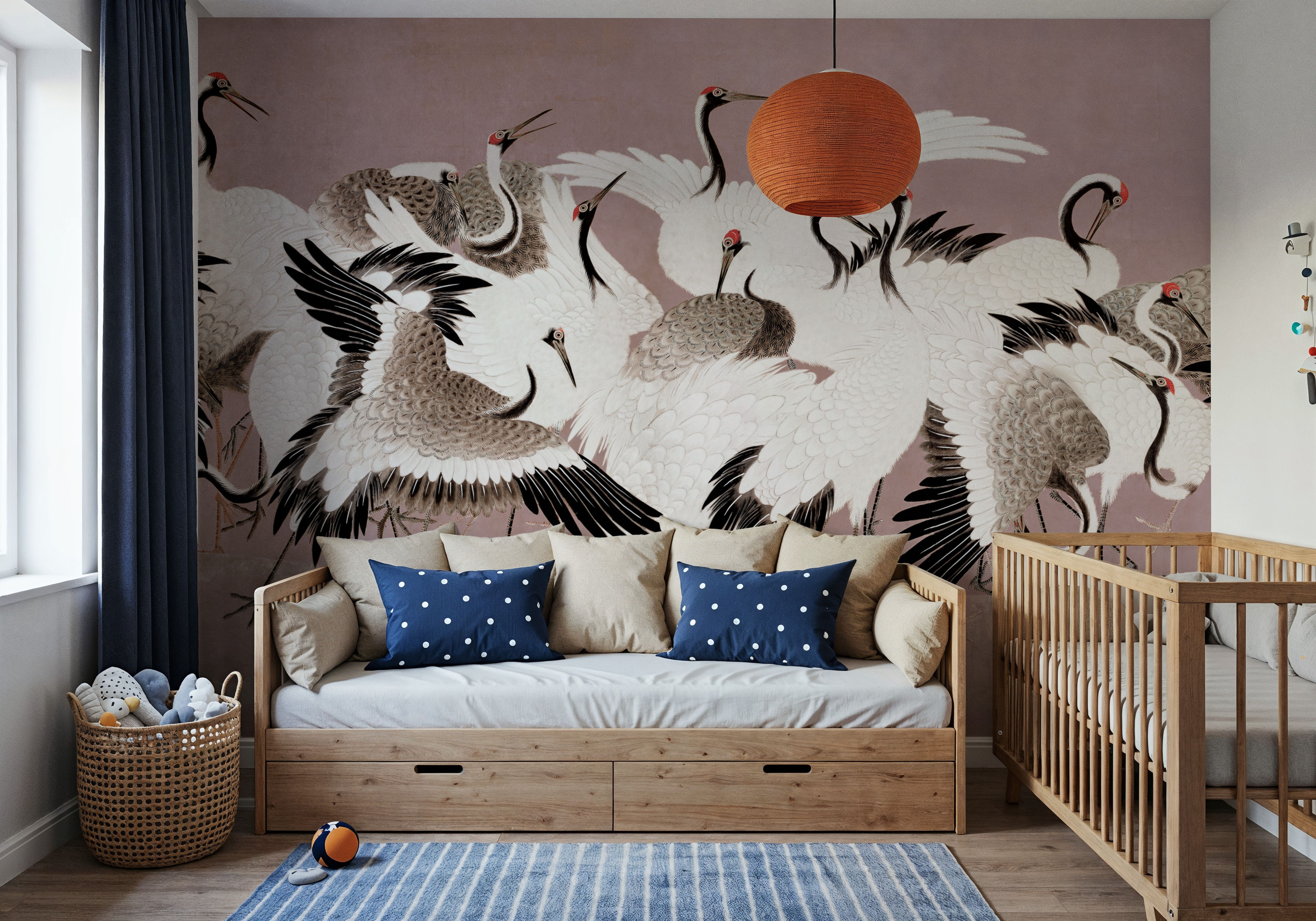 Japanese Flock of Cranes, Rosebud, Wallpaper