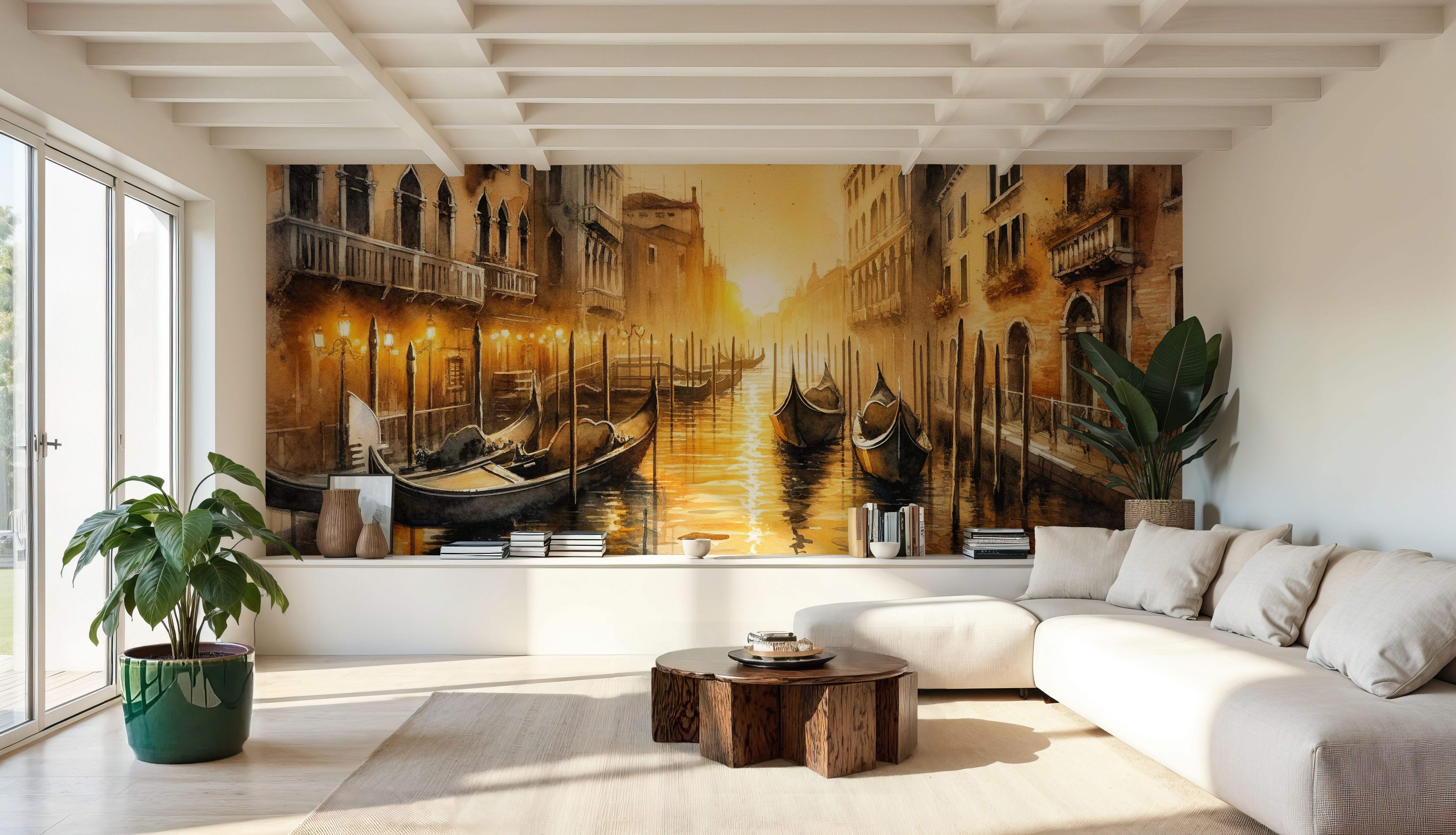 Sunset Over Venetian Canals with Gondolas