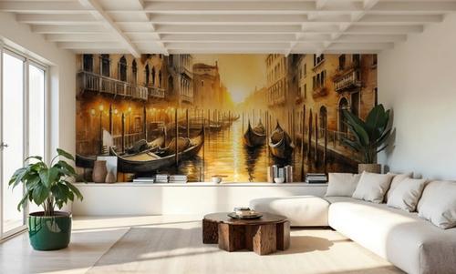 Sunset Over Venetian Canals with Gondolas