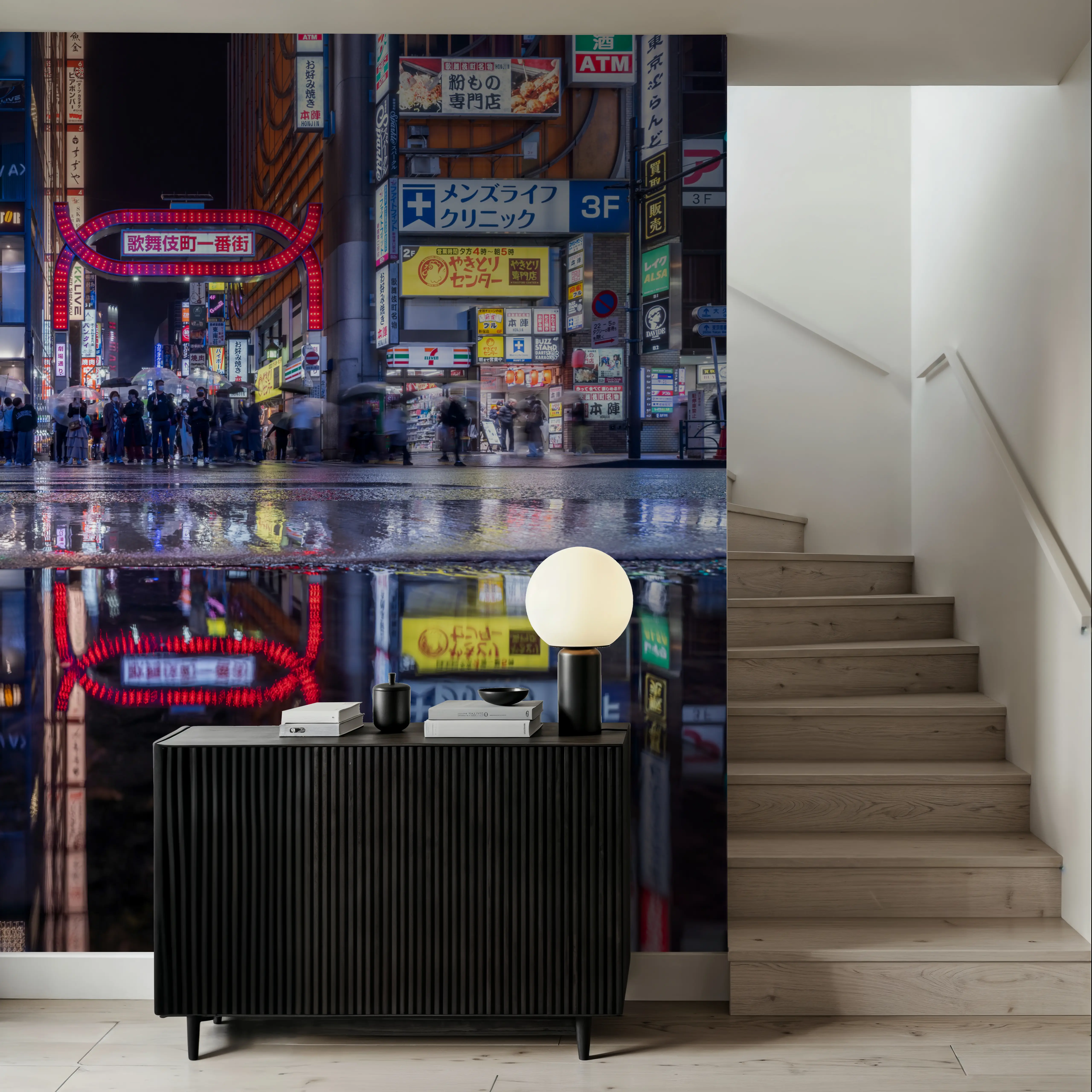 Papier Peint Panoramique - Kabukicho Nightlife Reflections - Grande ville Rue - Chambre - Wallism Belgique - Encollage au mur ou Autocollant