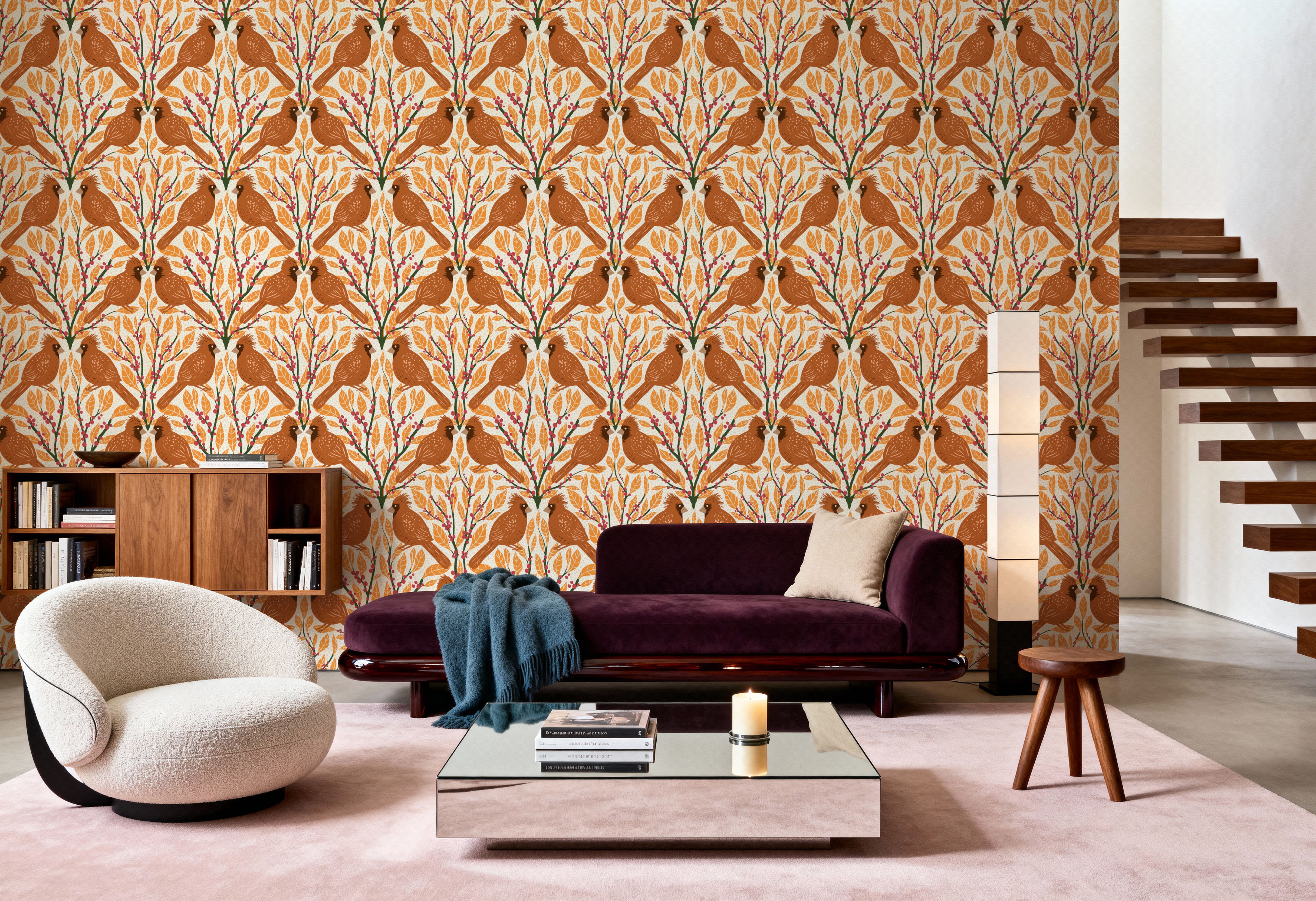 Cardinals & Winterberries, Yellow, Tapeten