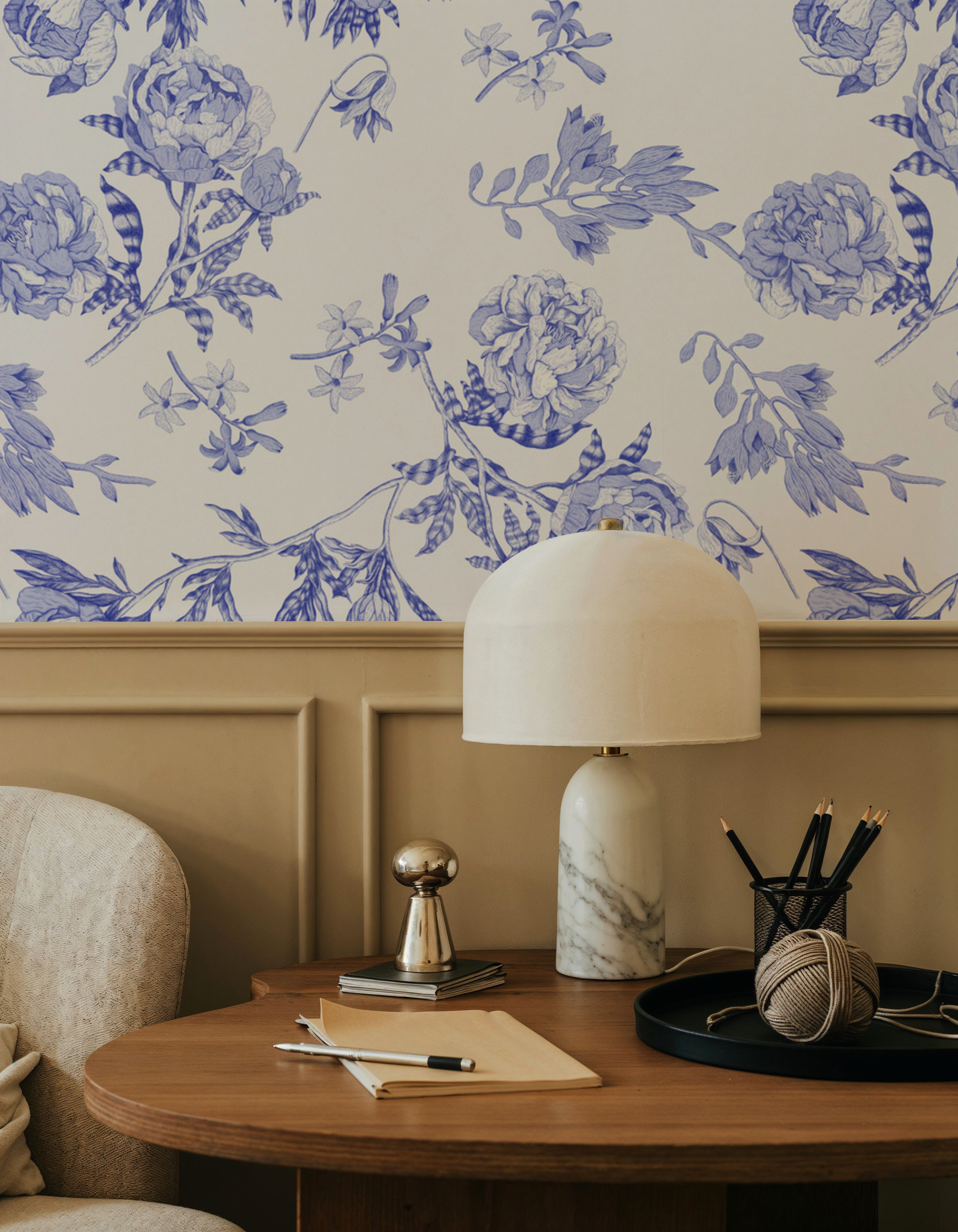 Peony Passion, Blue on White