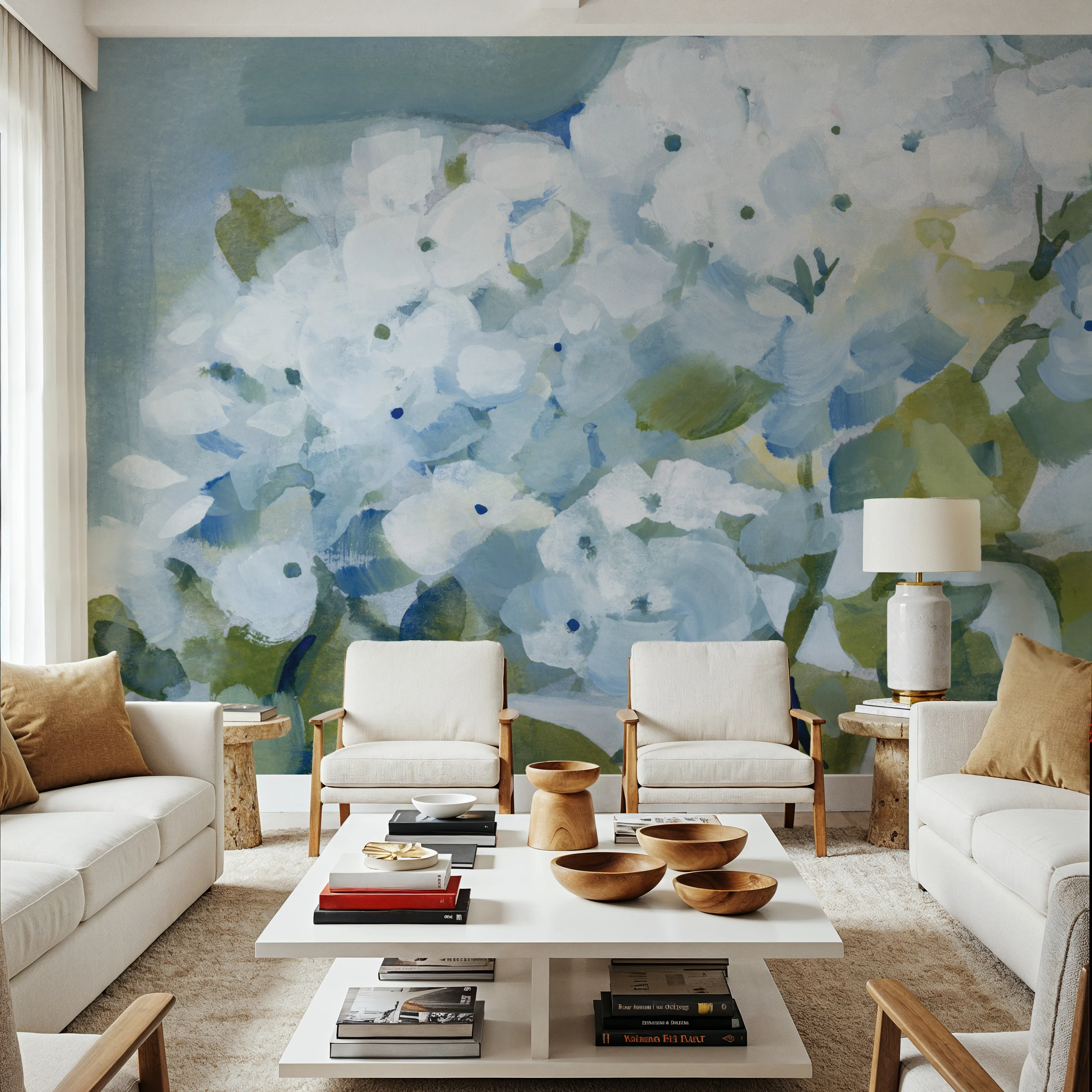 Wall Mural - Spring Cottage Hydrangeas - Contemporary Nature mural wallpaper - White - Bedroom - Wallism UK - Peel & Stick or Paste-the-Wall