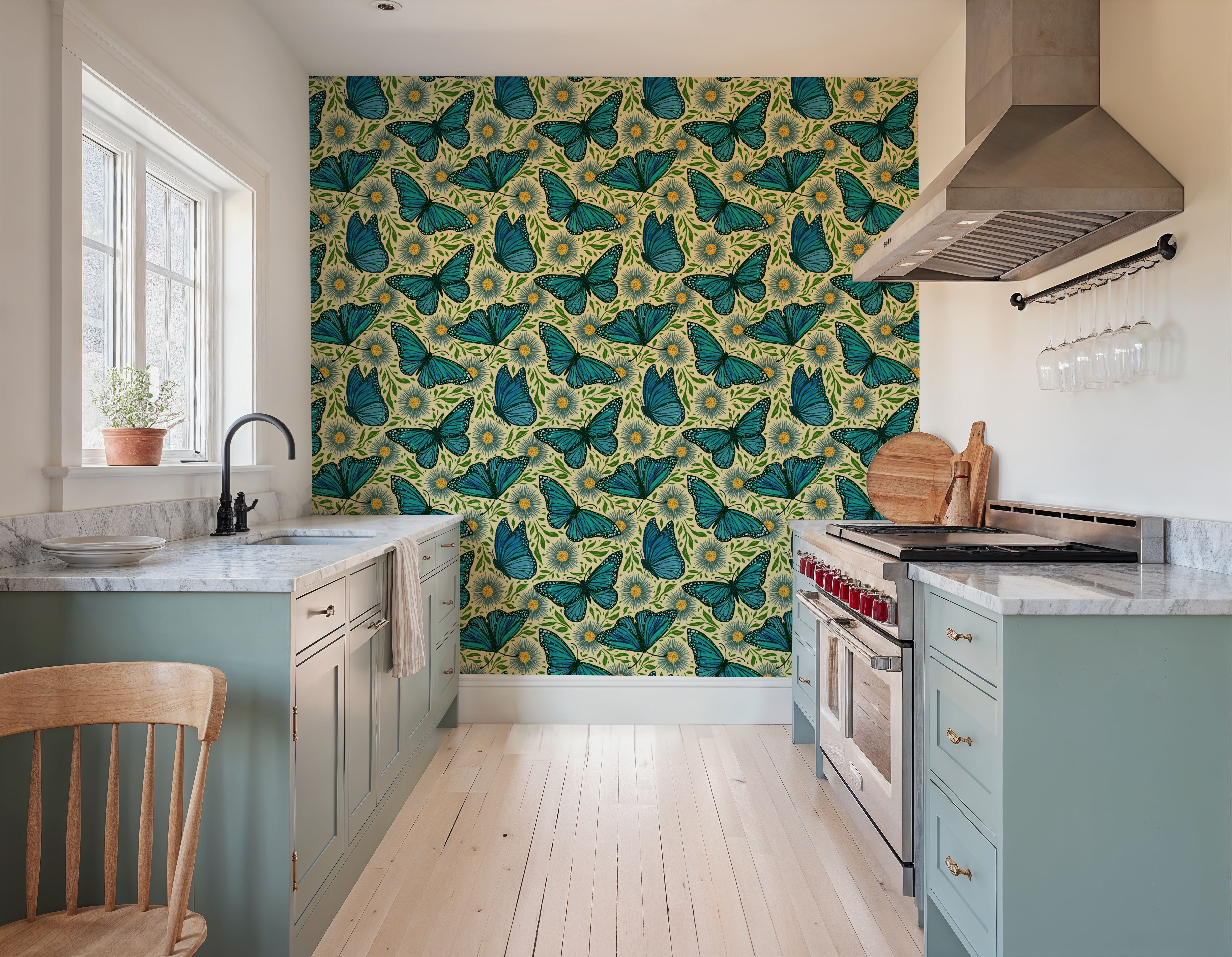 Papillion II, Aqua on Cream