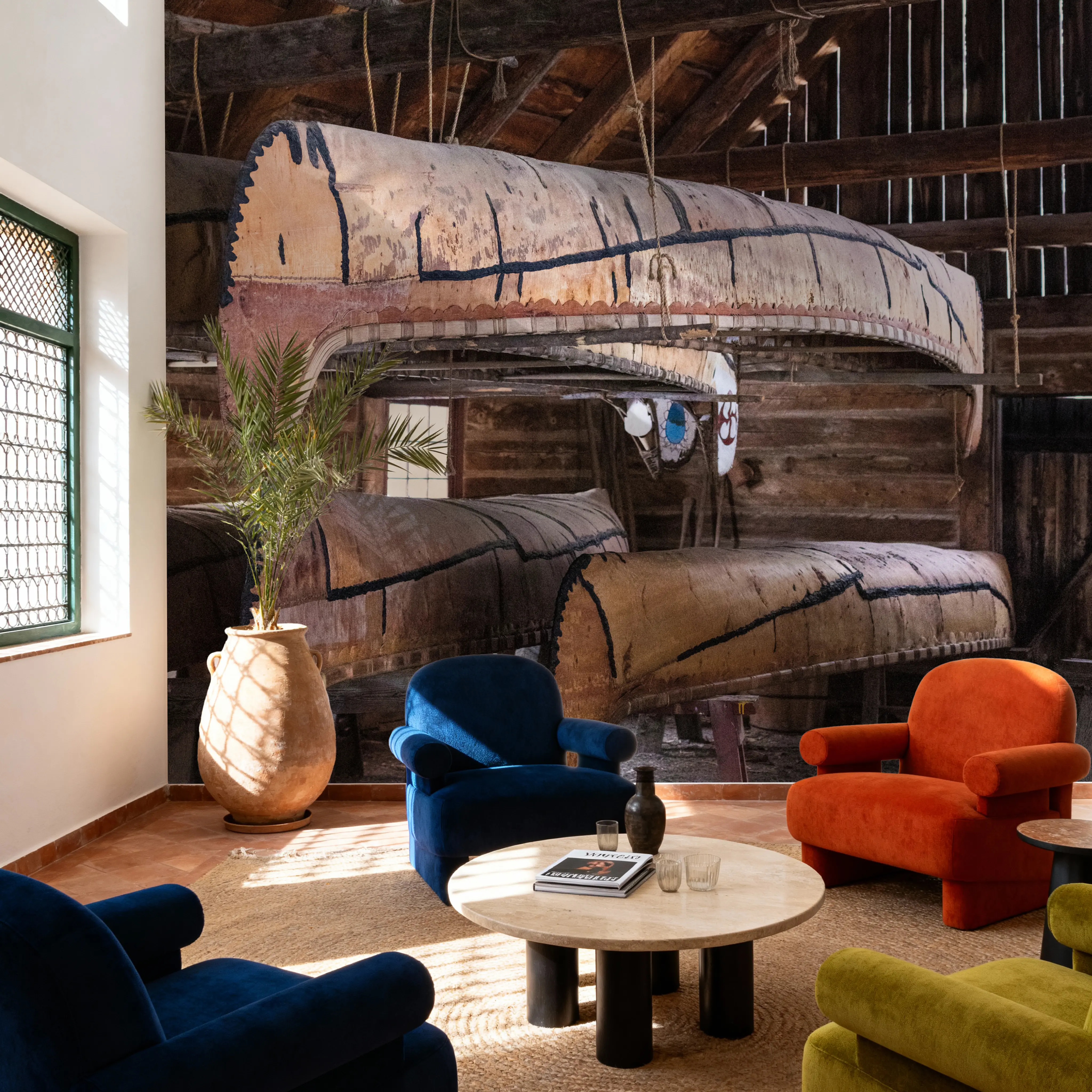 Papier Peint Panoramique - Canoe Barn II - Folklorique Bois - Marron - Bureaux - Wallism Belgique - Encollage au mur ou Autocollant