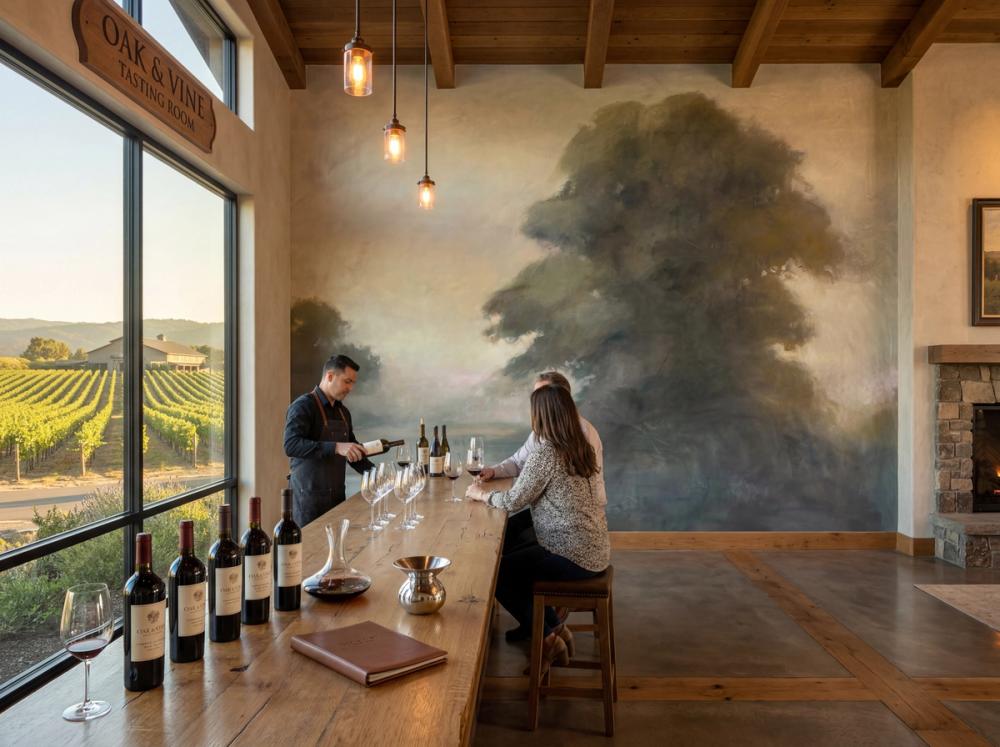an interior photo of a tasting room at a Napa Valley vineyard with a oak themed wall mural on the wall behind the bar