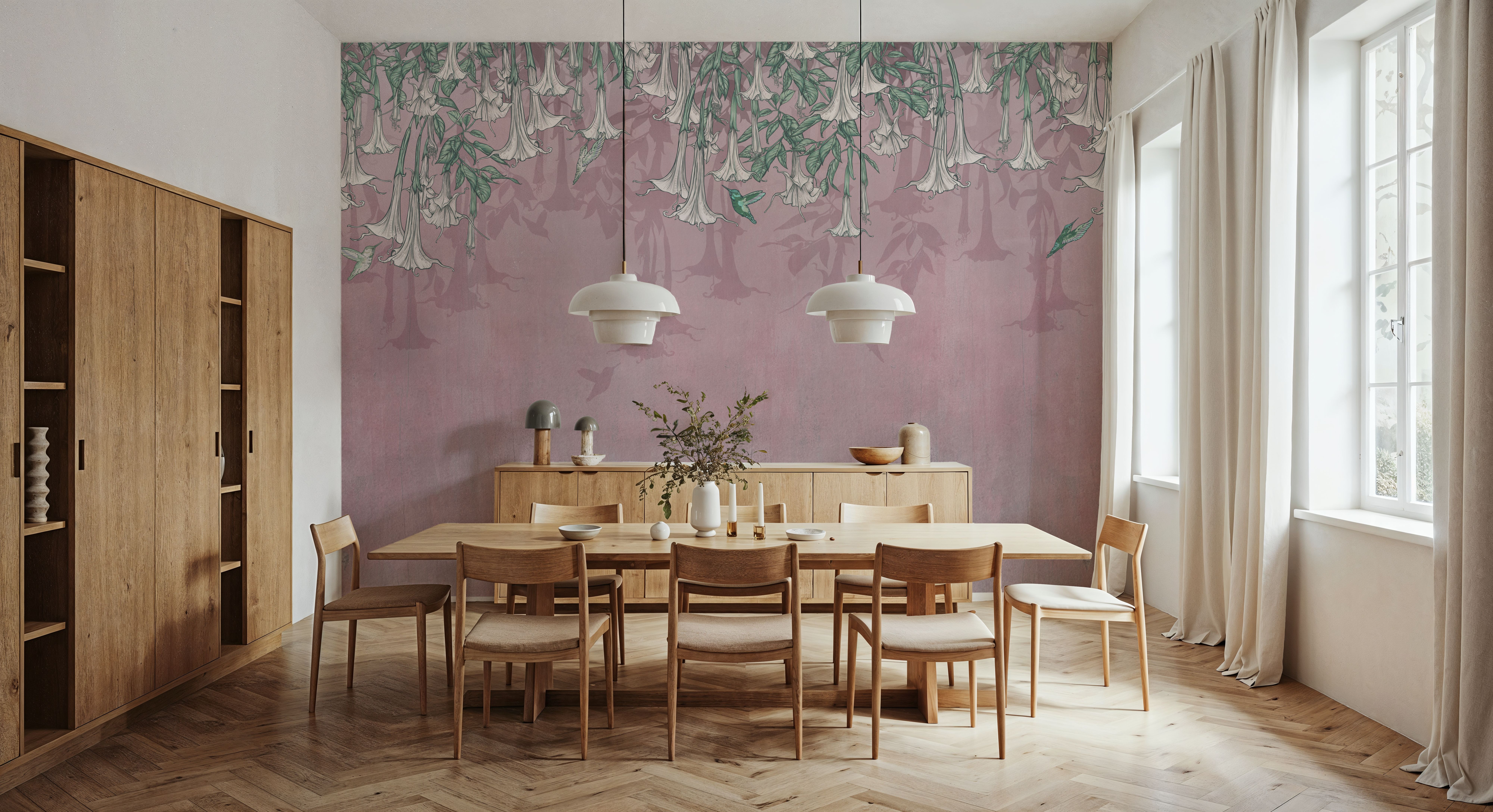 Hummingbirds and Trumpets Pink, Wallpaper