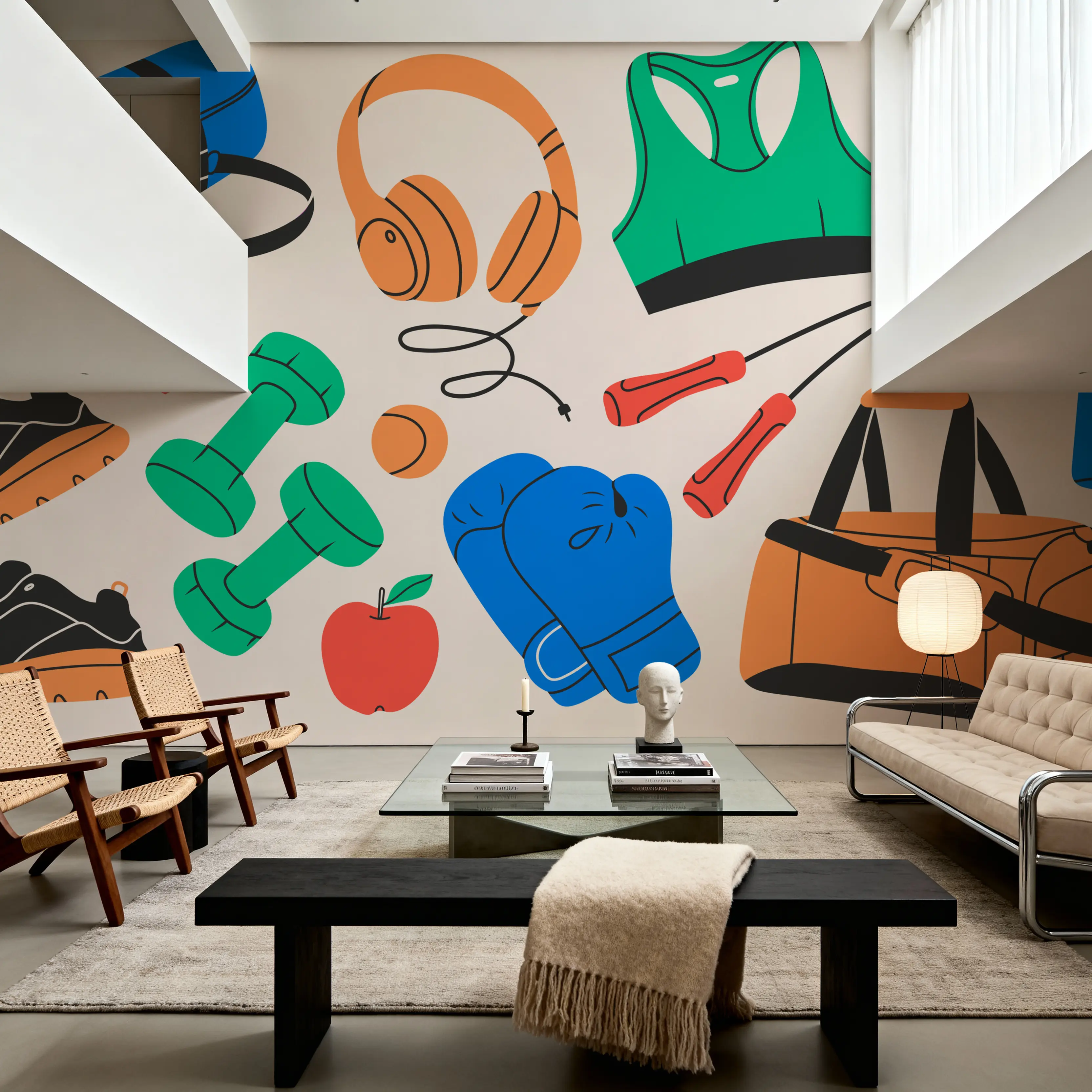 Papier Peint Panoramique - Gym Class - Graphiques Sports - Bleu - Salon - Wallism Belgique - Encollage au mur ou Autocollant