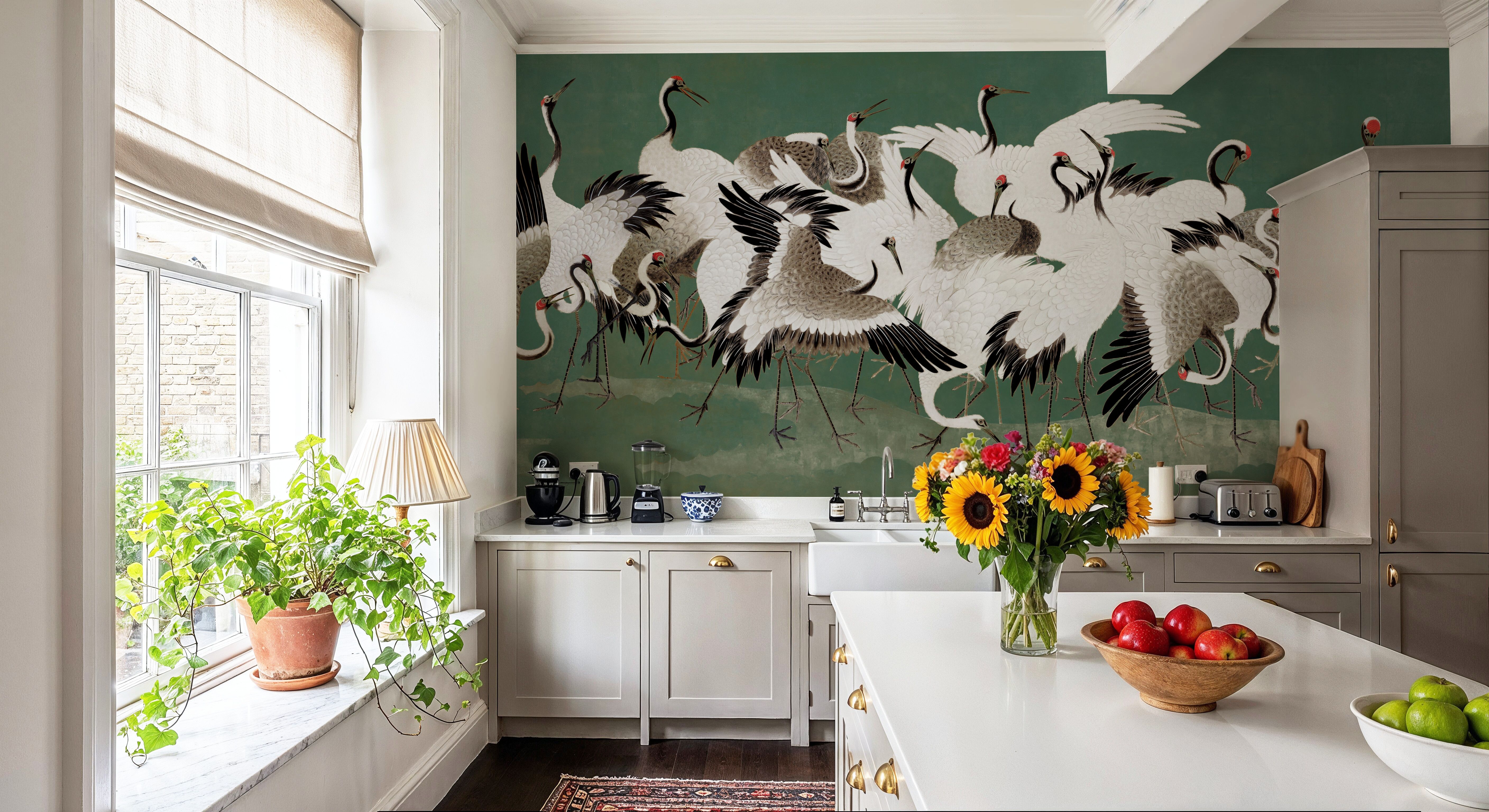 Japanese Flock of Cranes, Emerald, Wallpaper