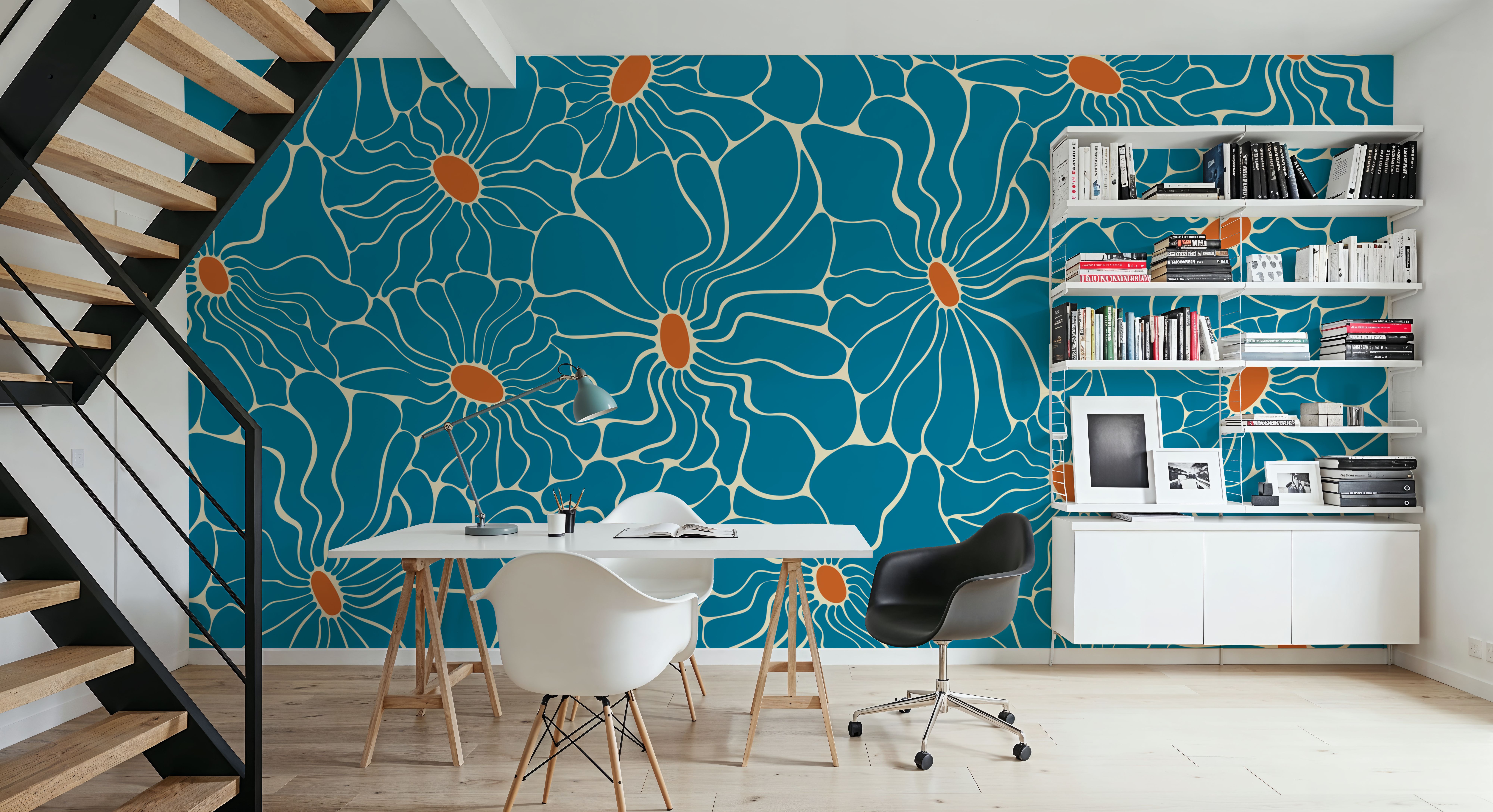 Cool Fluid Flowers Mural, Turqouise