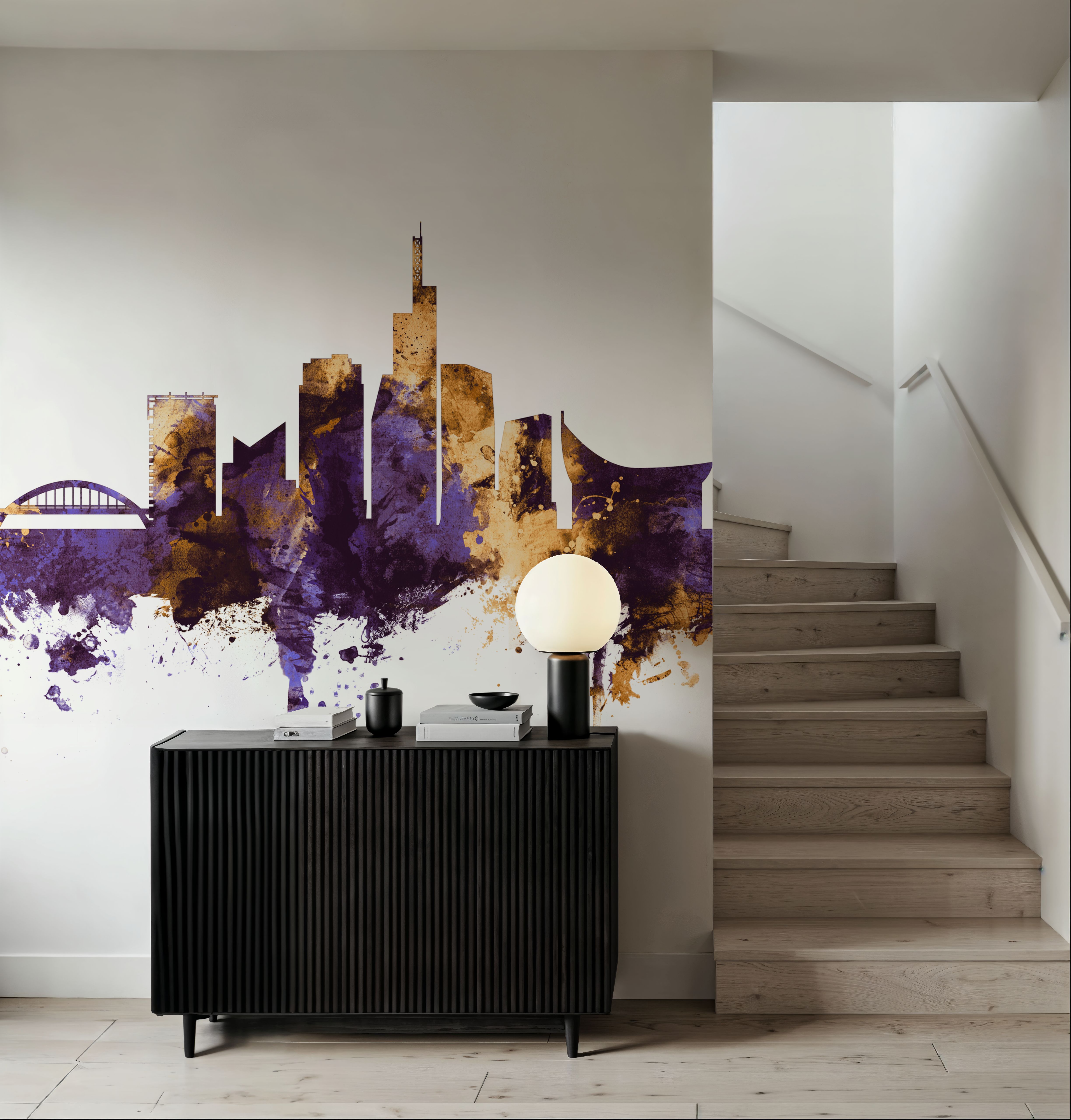 Wall Mural - Vilnius Lithuania Skyline Purple & Gold - Abstract mural wallpaper - Dining Room - Wallism US - Premium, Textured or Peel & Stick