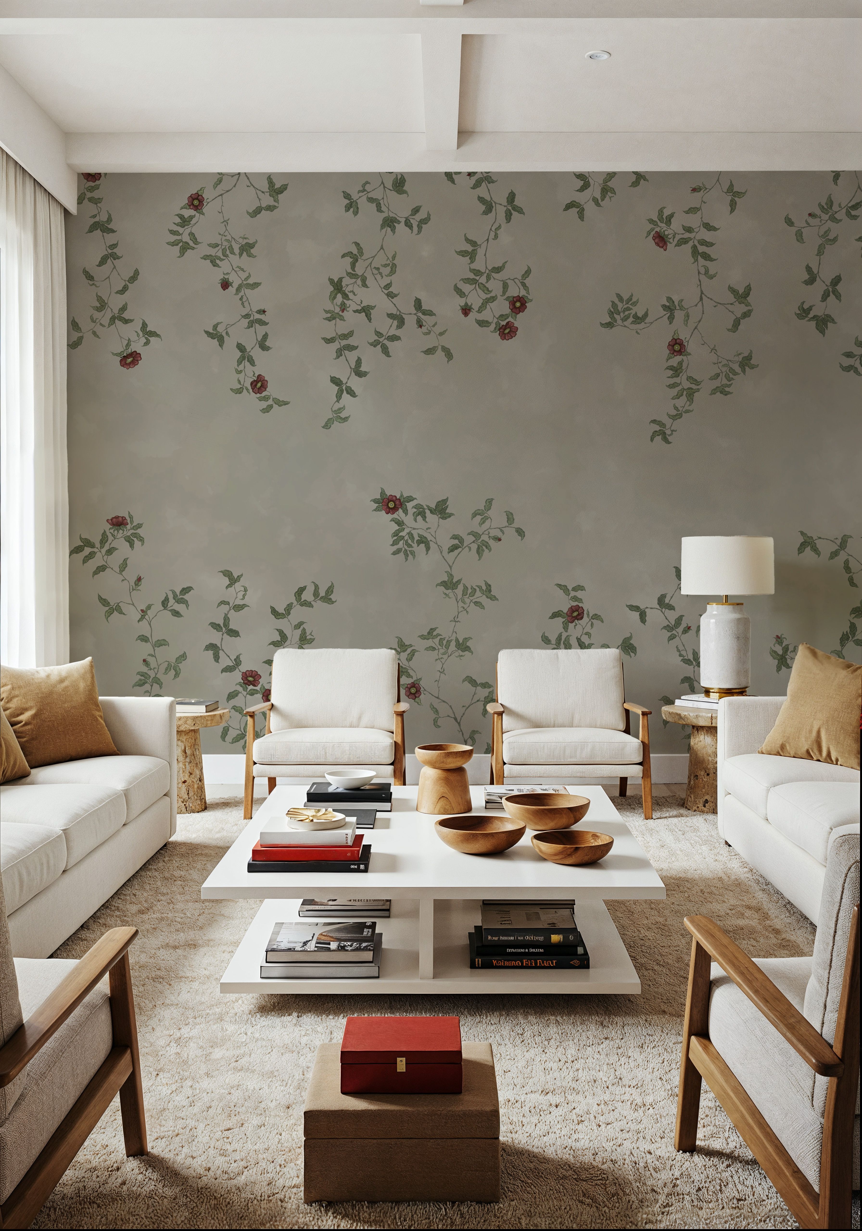Rambling Rose, Garnet on Greige