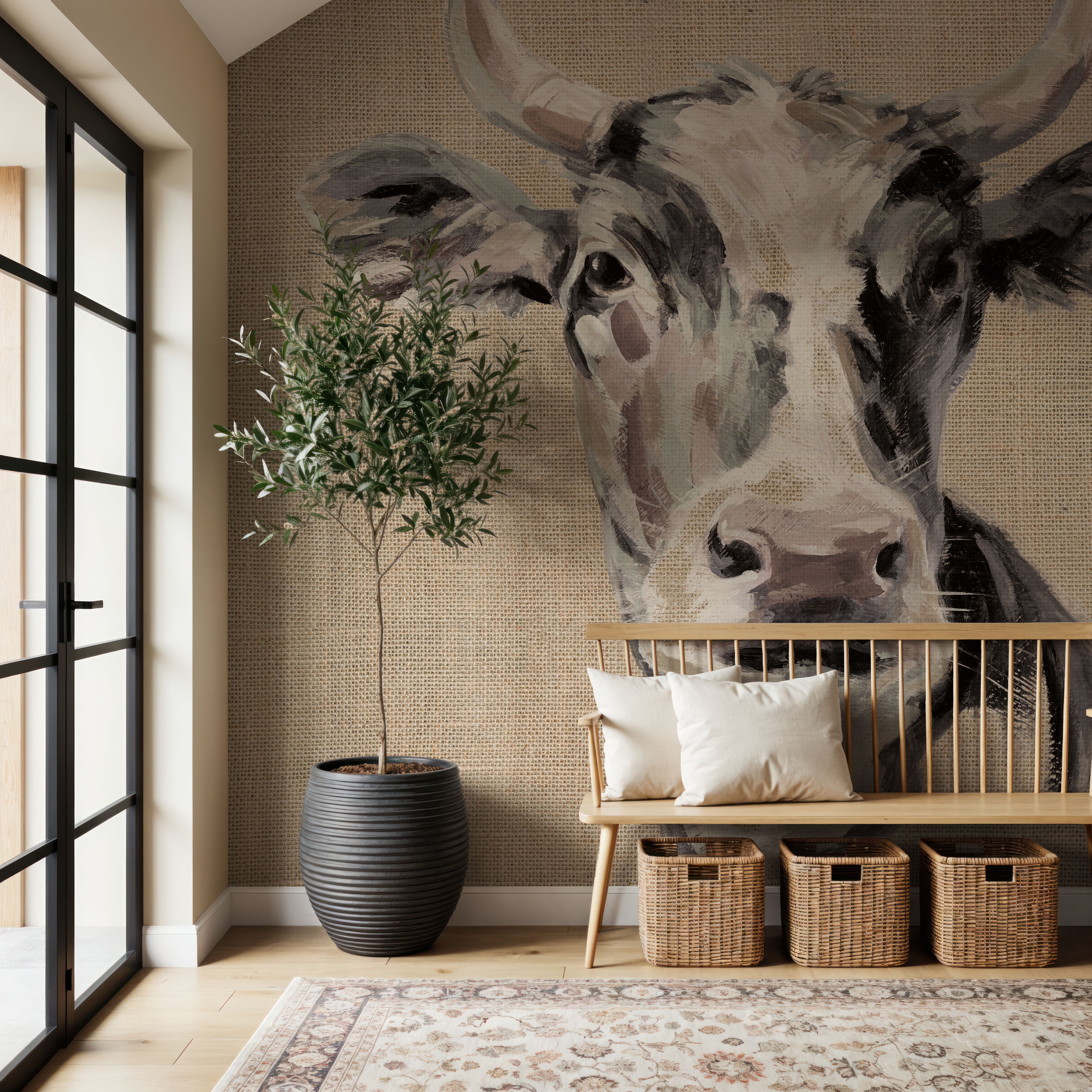 Expressionistic Cow II Neutral Burlap