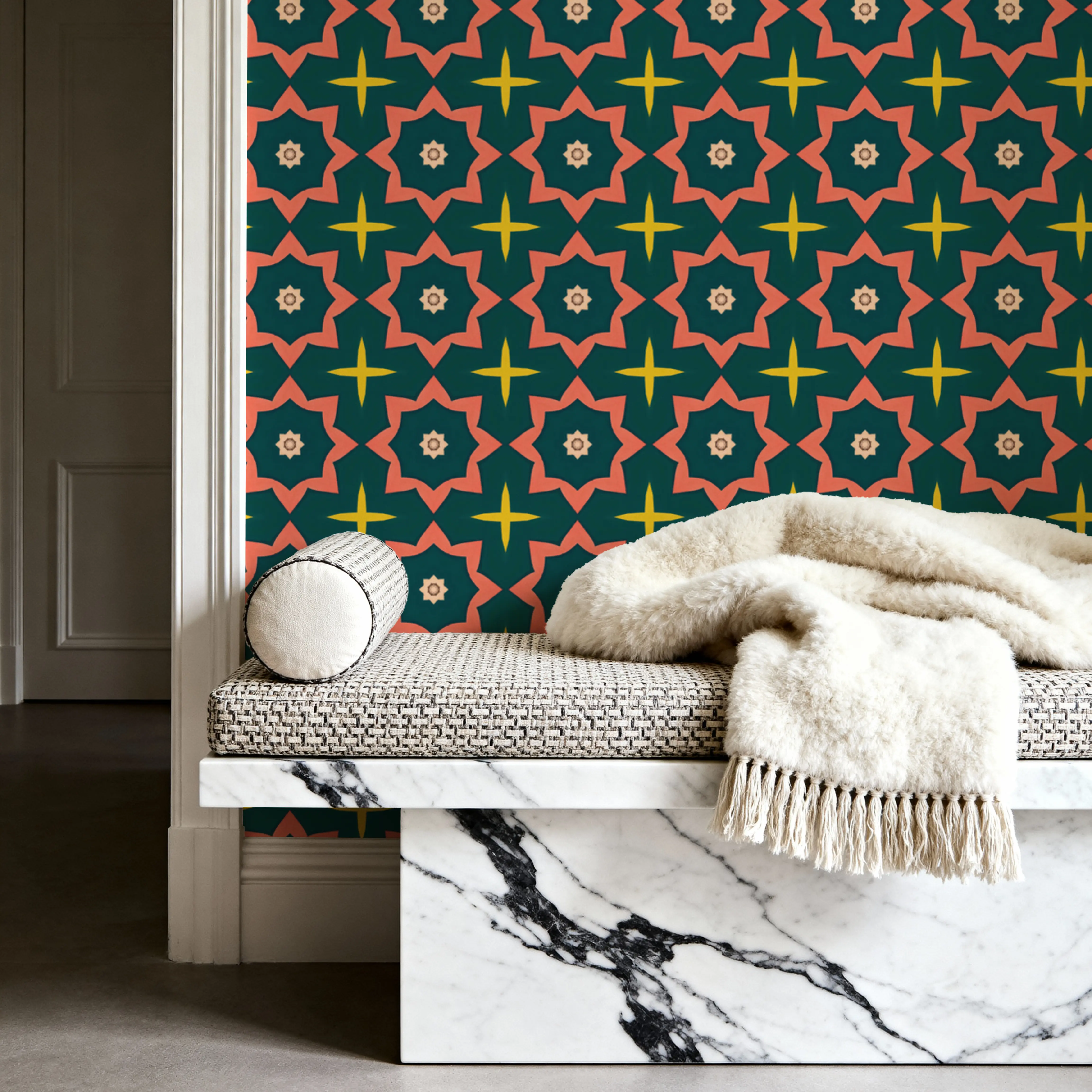 Wallpaper - Kaleidoscope Multi Stars - Squares Stars - Green - Living room - Wallism UK - Peel & Stick or Paste-the-Wall