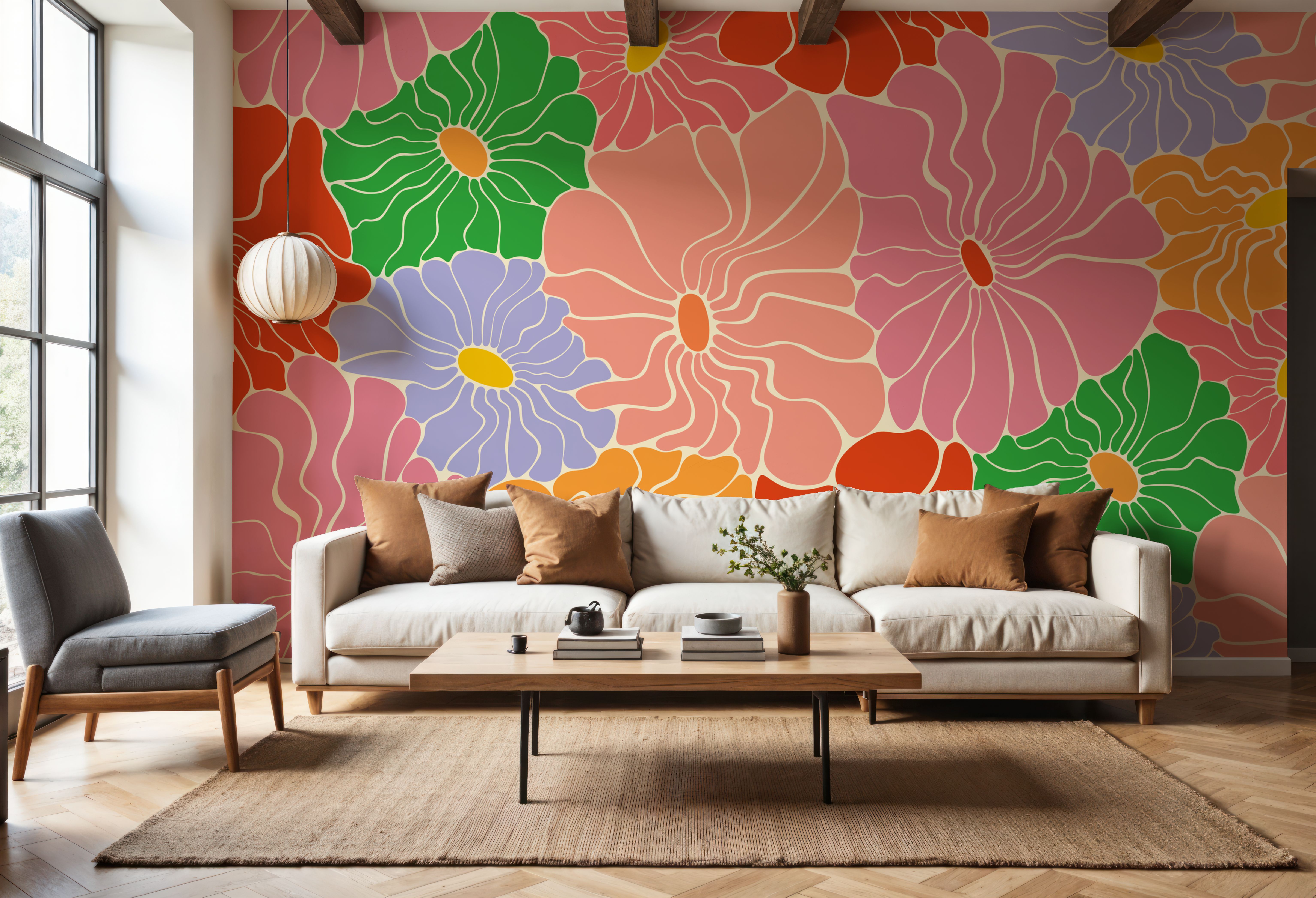 Cool Fluid Flowers Mural, Bright Multi