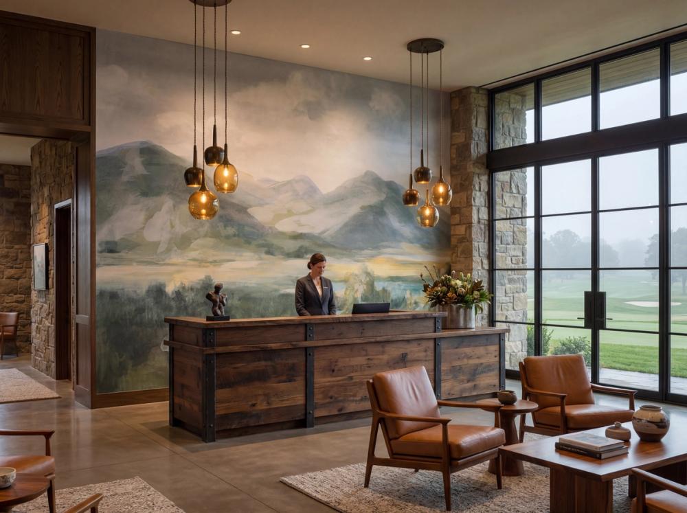 an interior image of the reception at a country club with a watercolor mountain landscape mural on the wall behind the reception