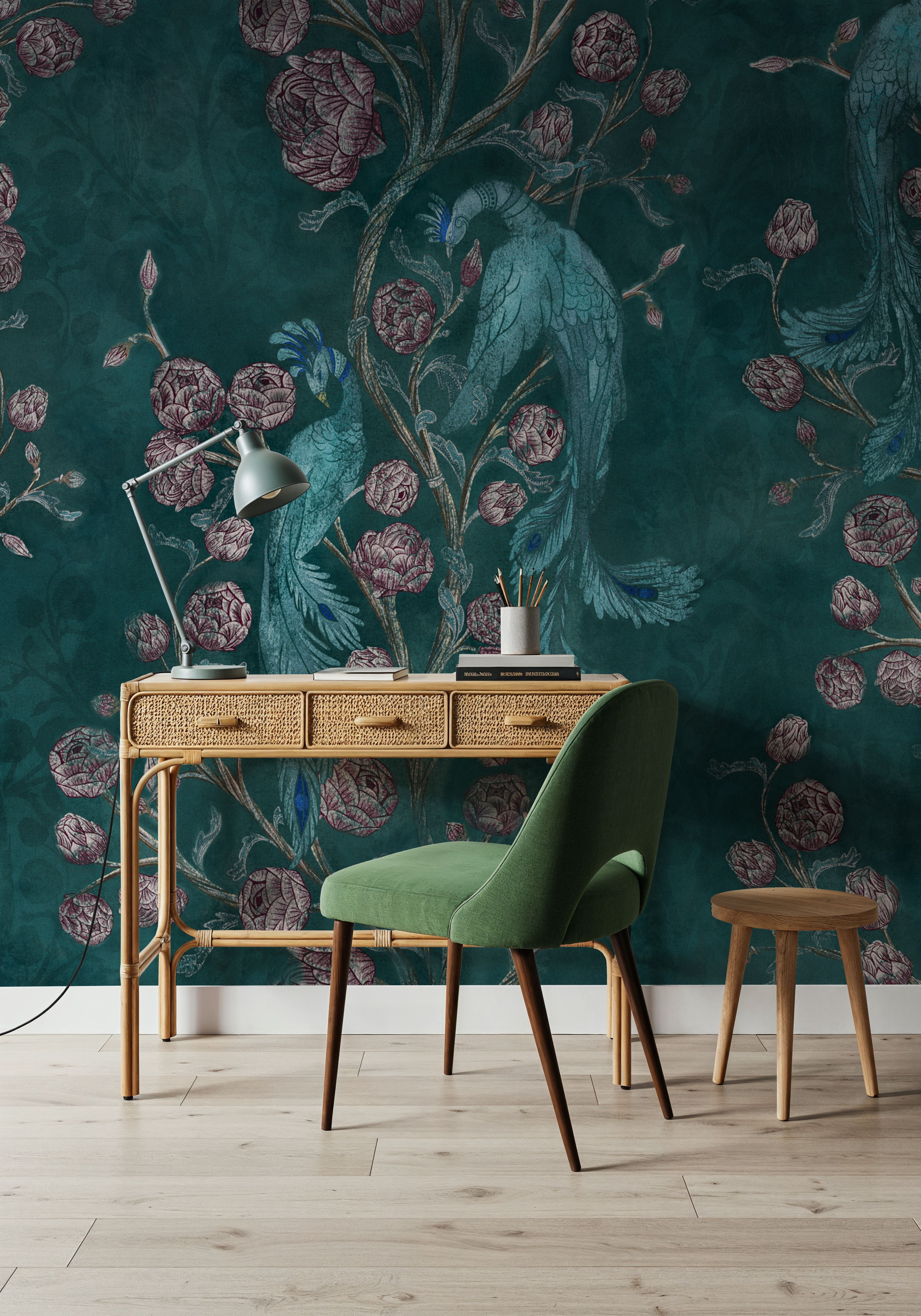 Peacock and Peony Chinoiserie Teal