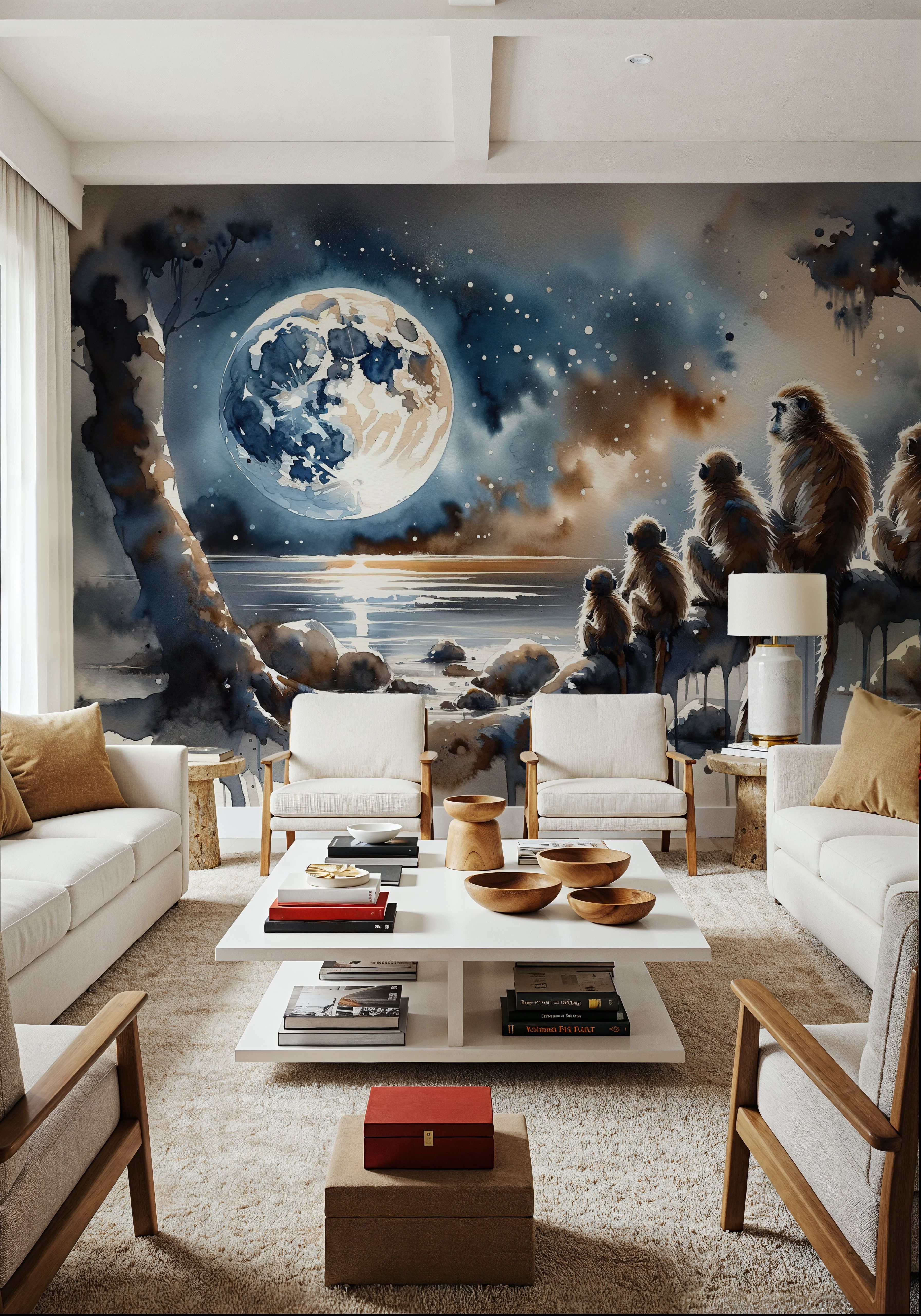 Monkey Family Night Giant Moon Watercolor