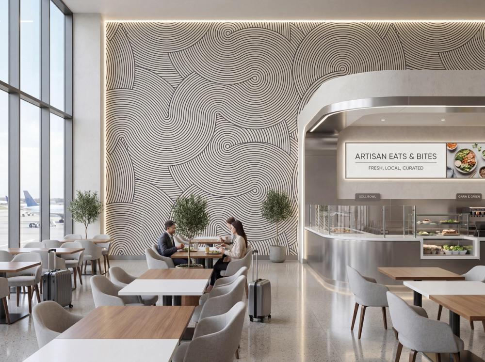 an interior photo of an airport foodcourt with large minimalistic abstract wall mural in black and white