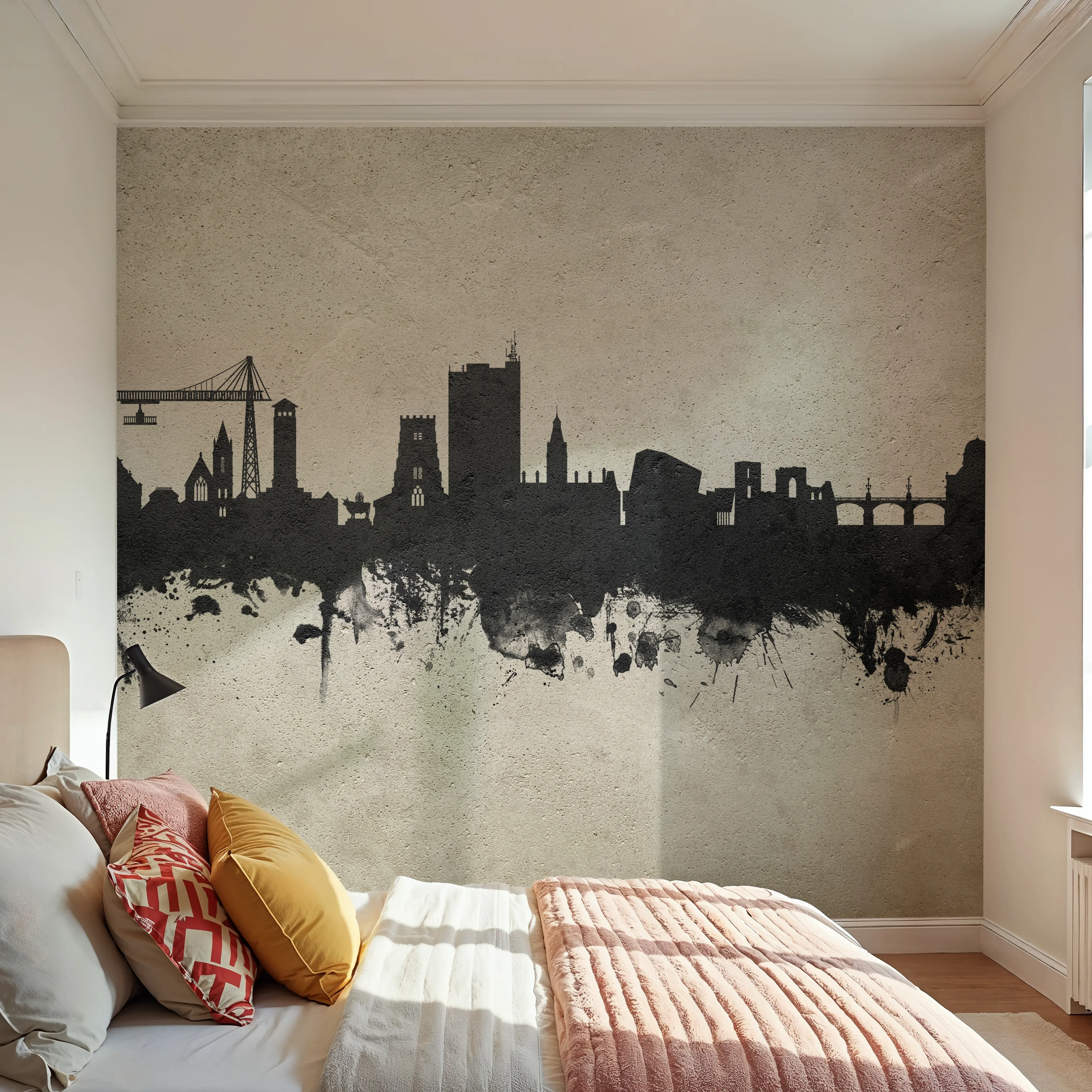Fotobehang - Newport Wales Skyline Concrete - Architectuur Grafische Kunst Mural - Grijs - Kantoorruimtes - Wallism Nederland