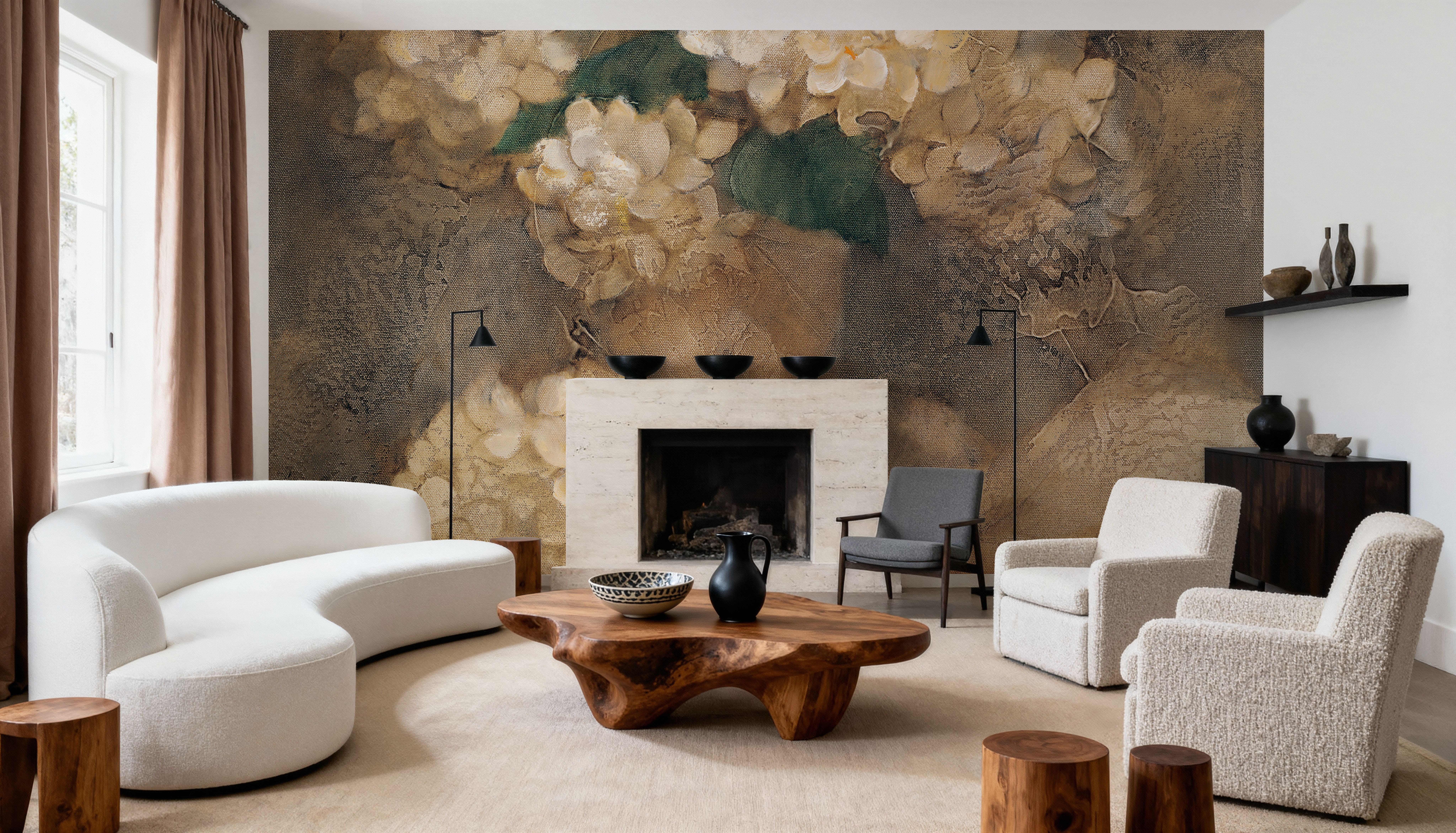 Wall Mural - Bouquet of Hydrangeas - Floral Nature mural wallpaper - Brown - Offices - Wallism US - Premium, Textured or Peel & Stick