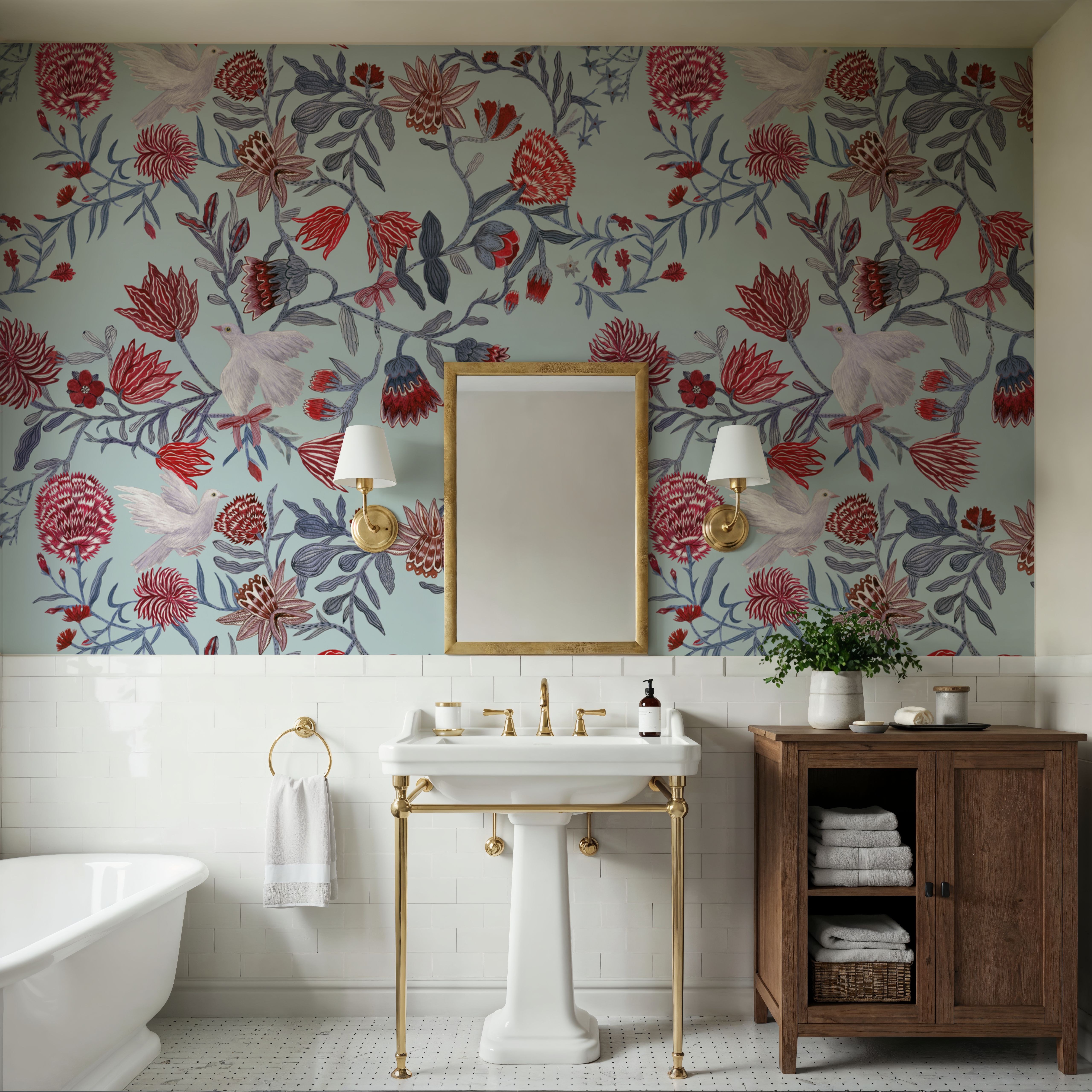 Miracle Blossoms and Birds, Red