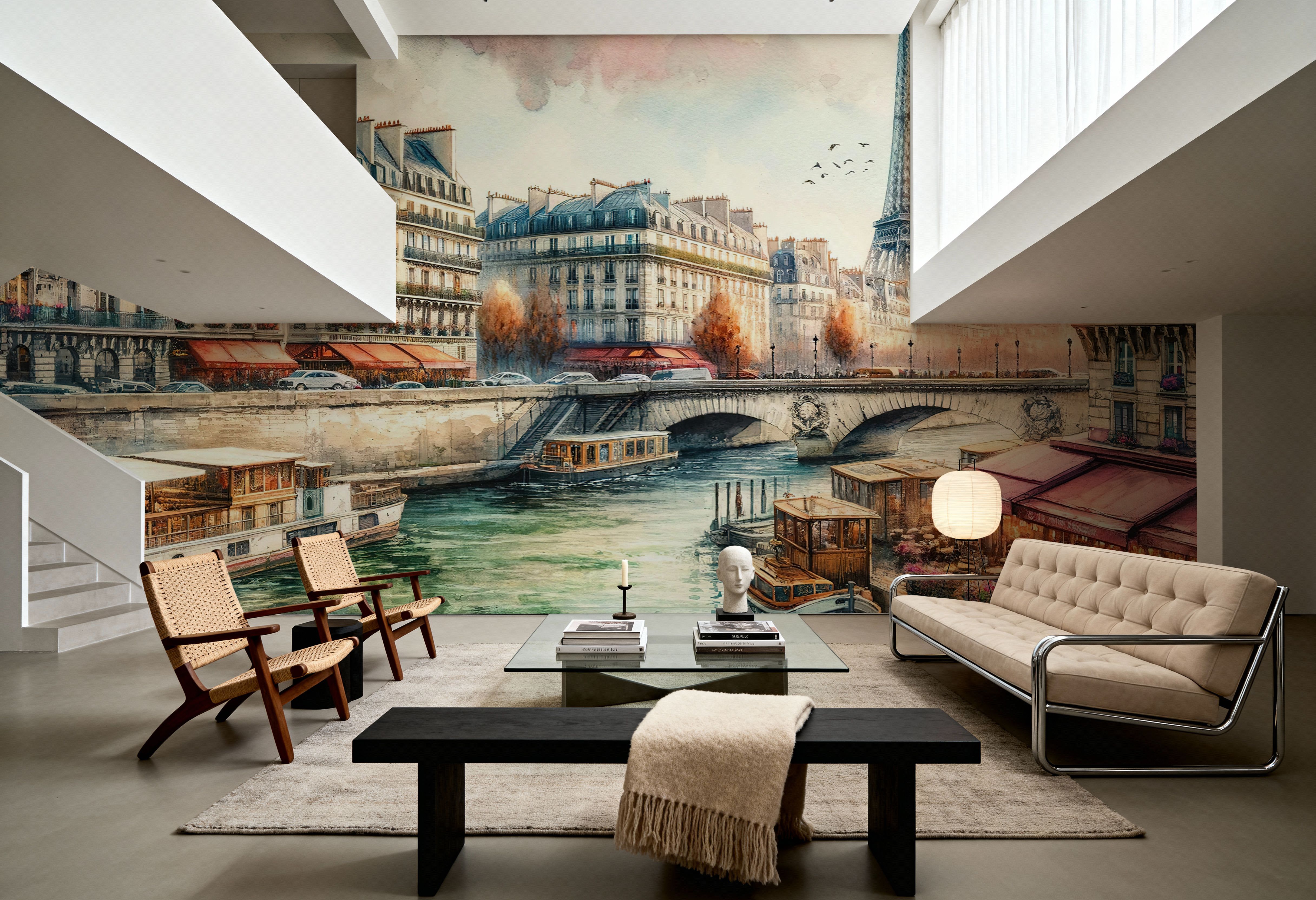 Parisian River Scene with Eiffel Tower