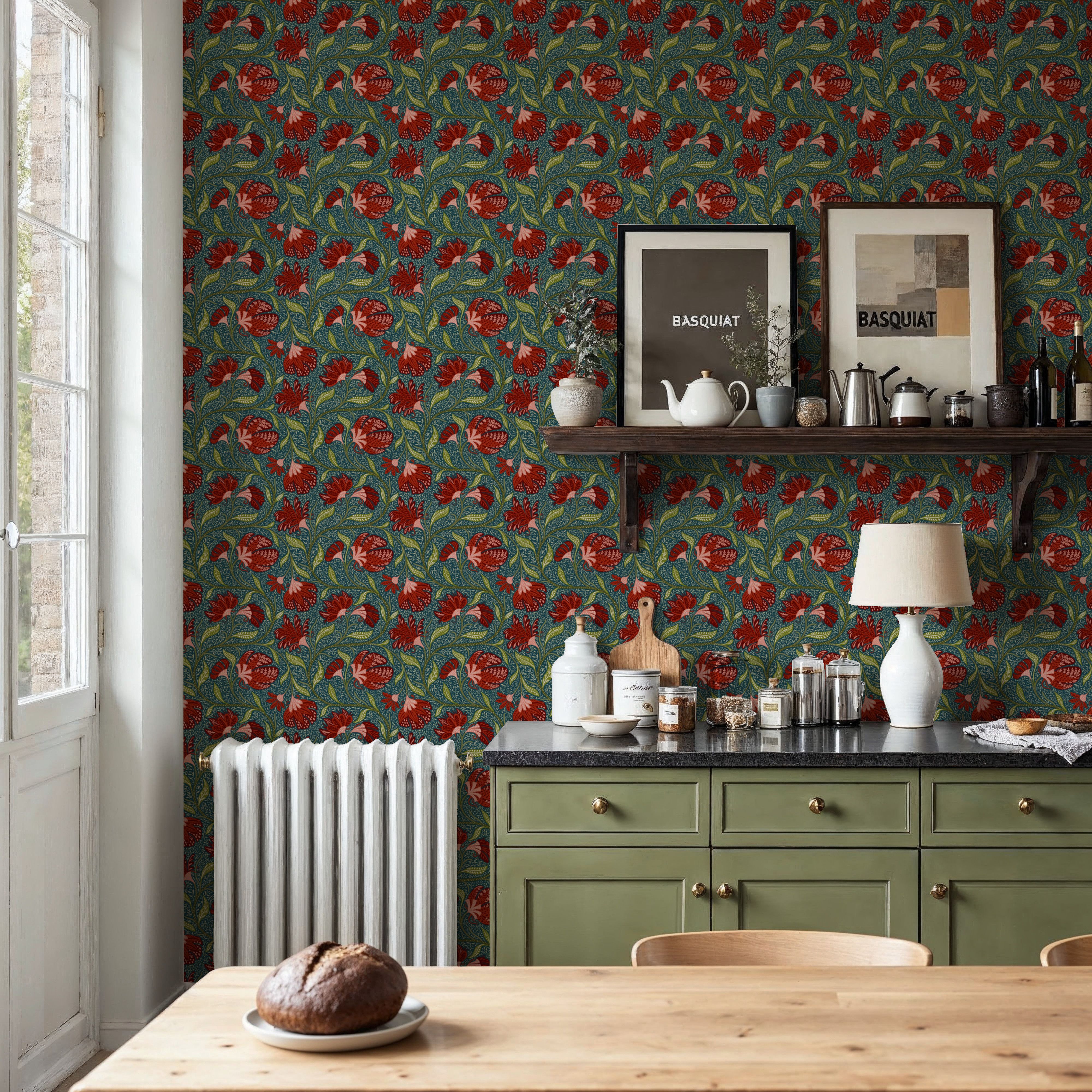 Indial Floral, Vermilion on Teal