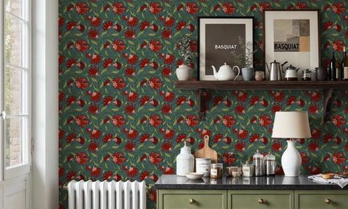 Indial Floral, Vermilion on Teal