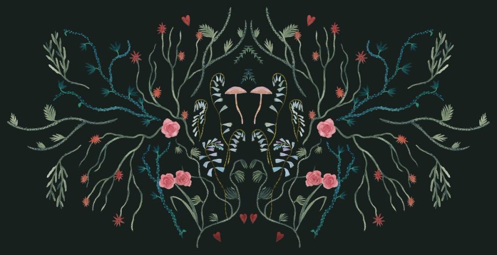 an illustration in folklore style on black