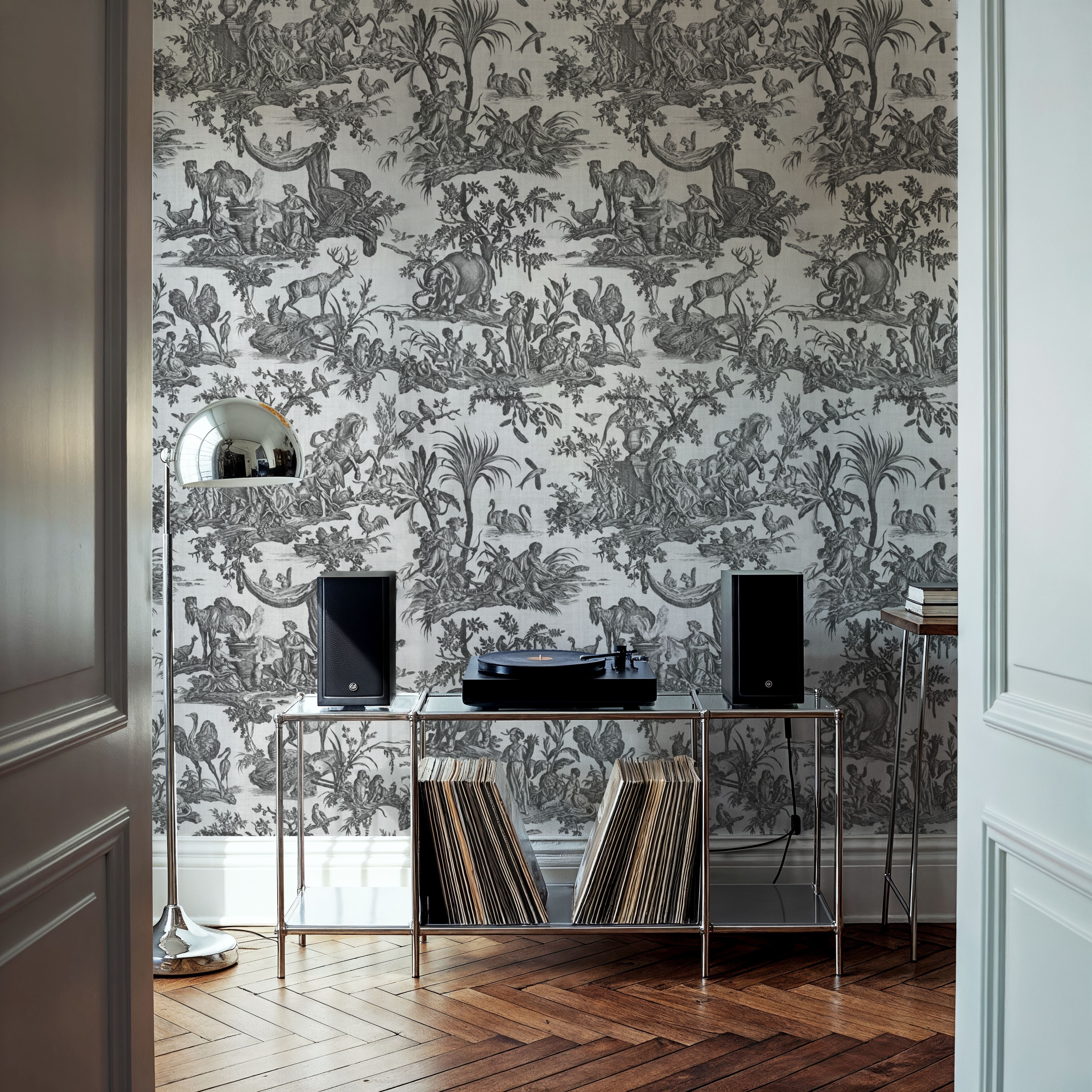 Patinated Linen Toile de Jouy, B&W, Wallpaper