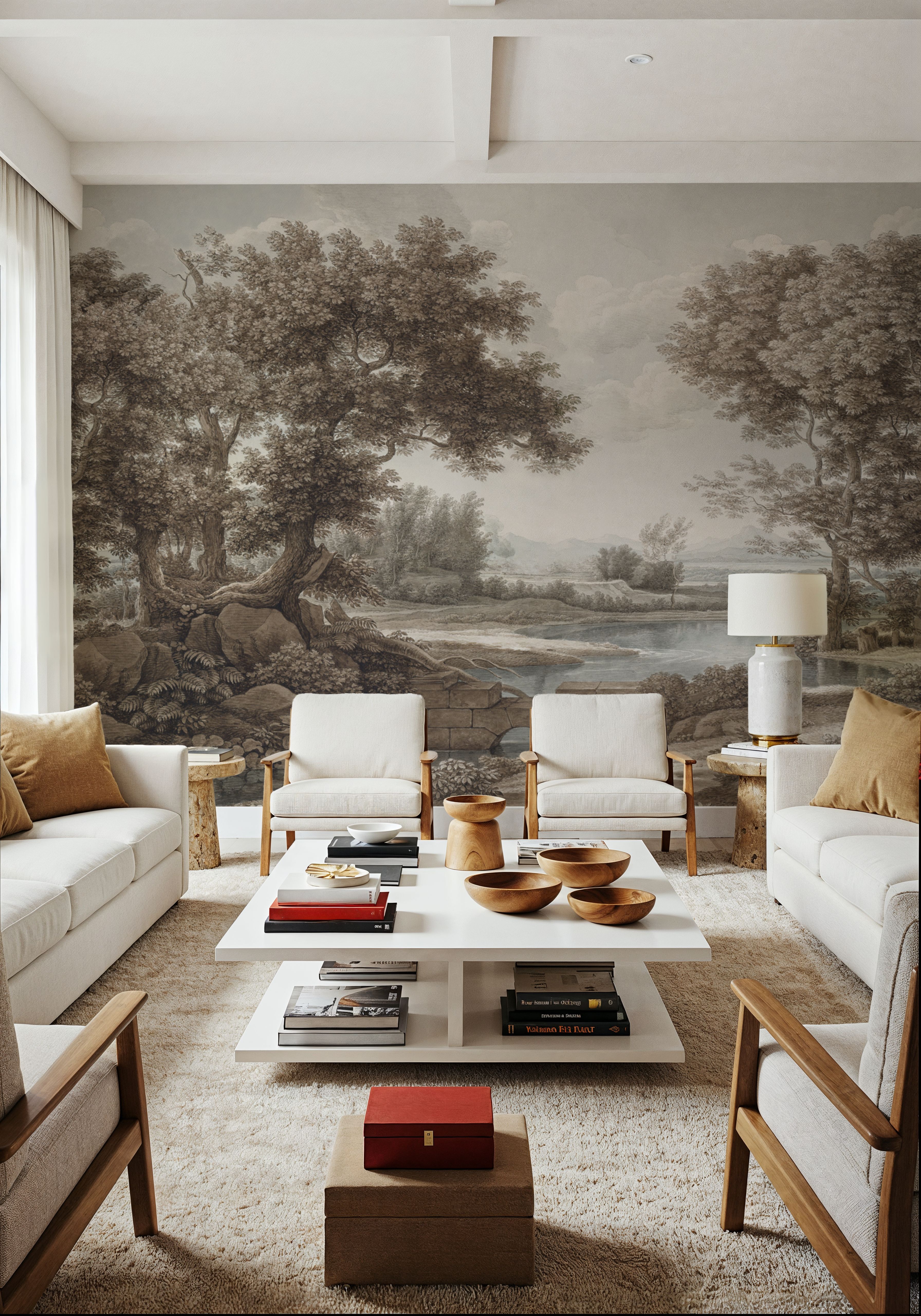 Wall Mural - Riverbank Oak Landscape, Vintage - Foliage Rural mural wallpaper - Dining Room - Wallism US - Premium, Textured or Peel & Stick