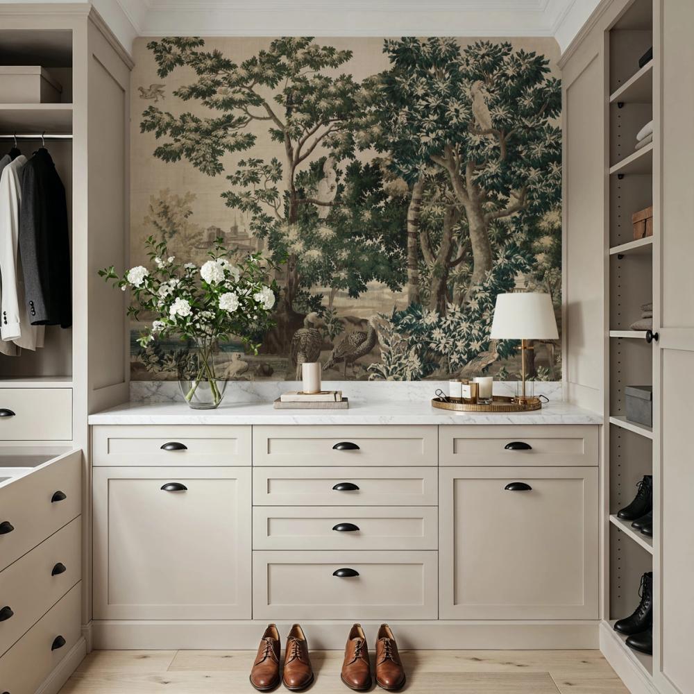 a photo of a walk in closet with a forest themed wallpaper on the walls