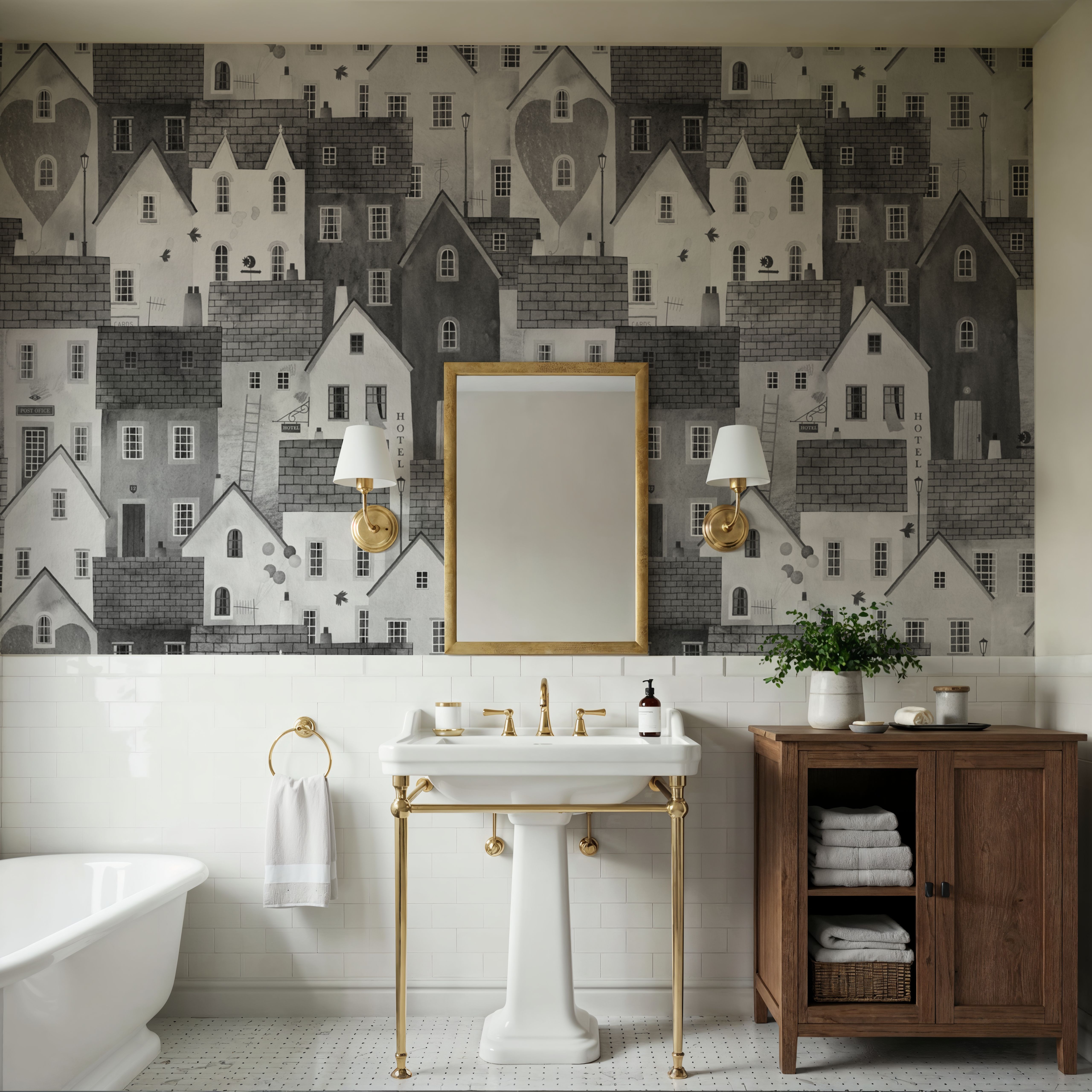 Small Town Houses, Black & White, Wallpaper