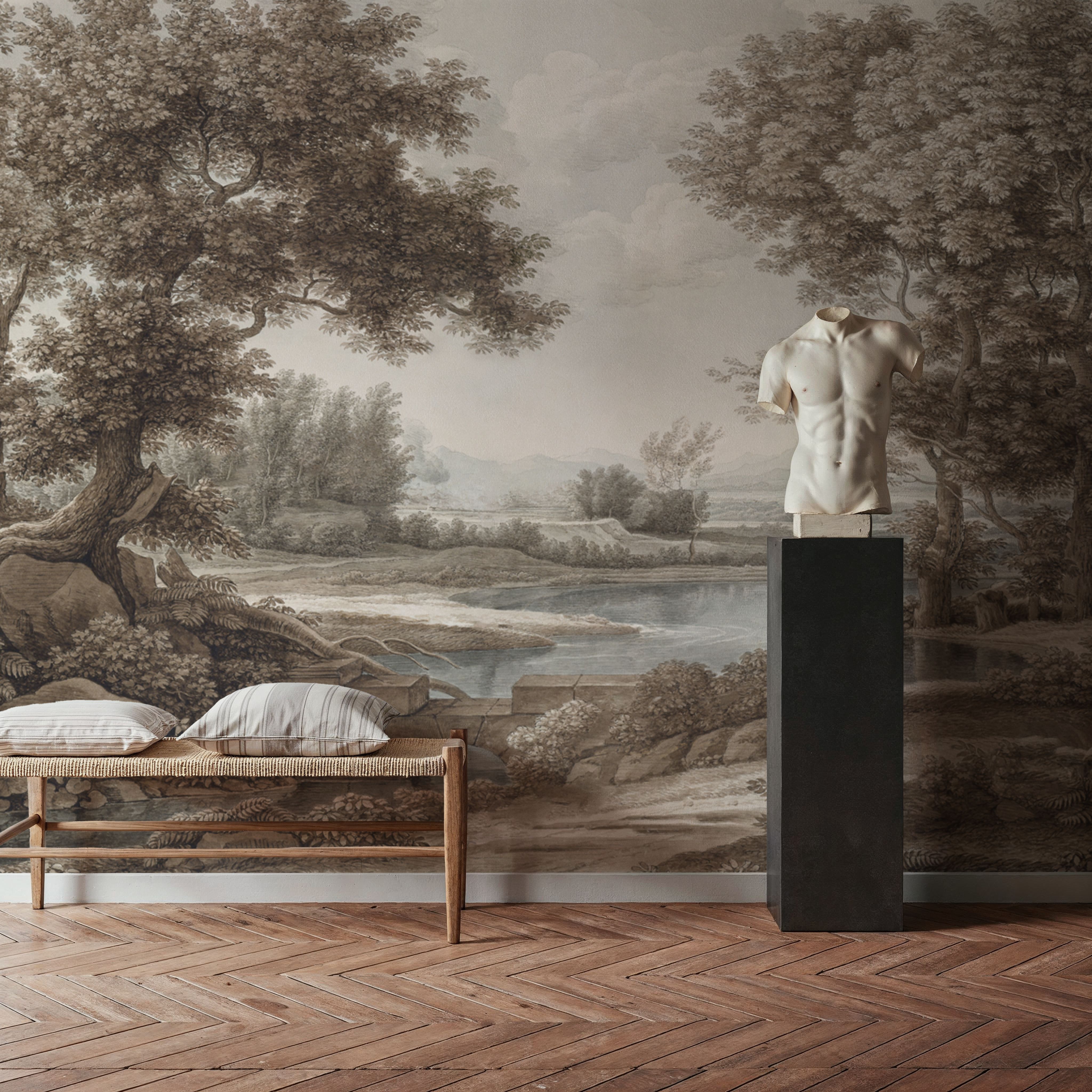Riverbank Oak Landscape, Vintage