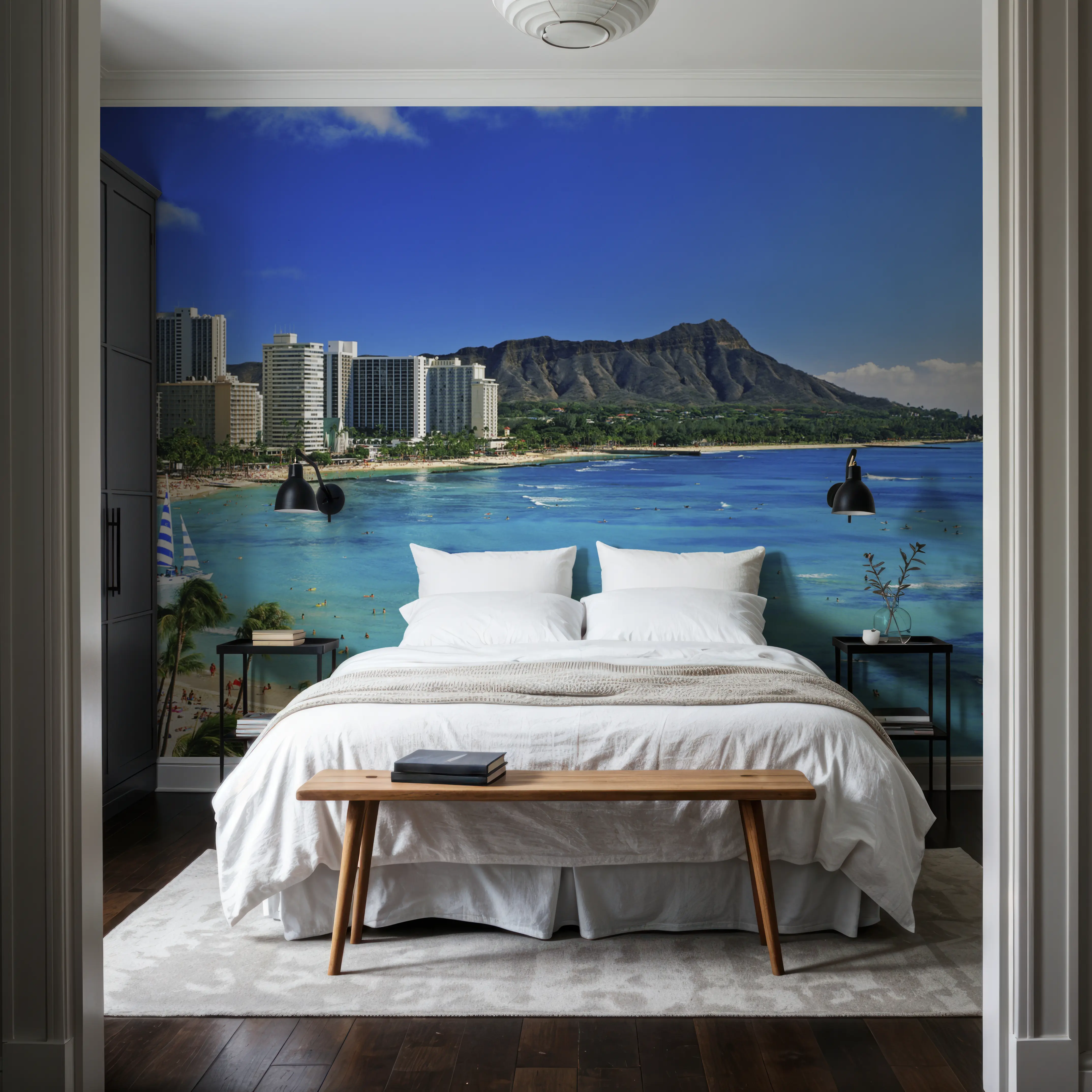 Fotobehang - Riviera Skyline - Strand Natuur Mural - Blauw - Slaapkamers - Wallism Nederland - Zelfklevend of Vliesbehang
