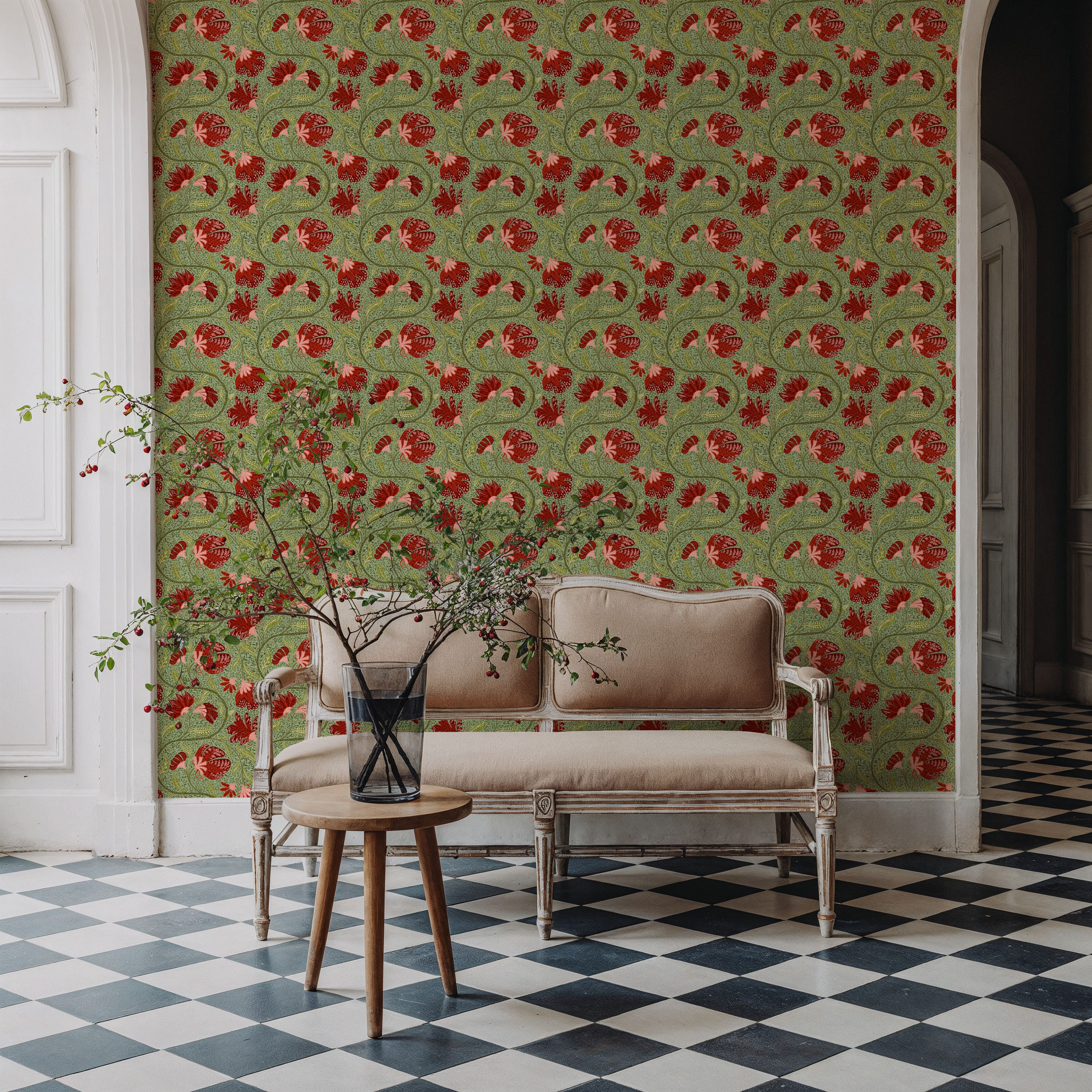 Indial Floral, Vermilion on Pistachio