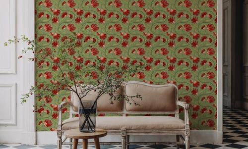 Indial Floral, Vermilion on Pistachio