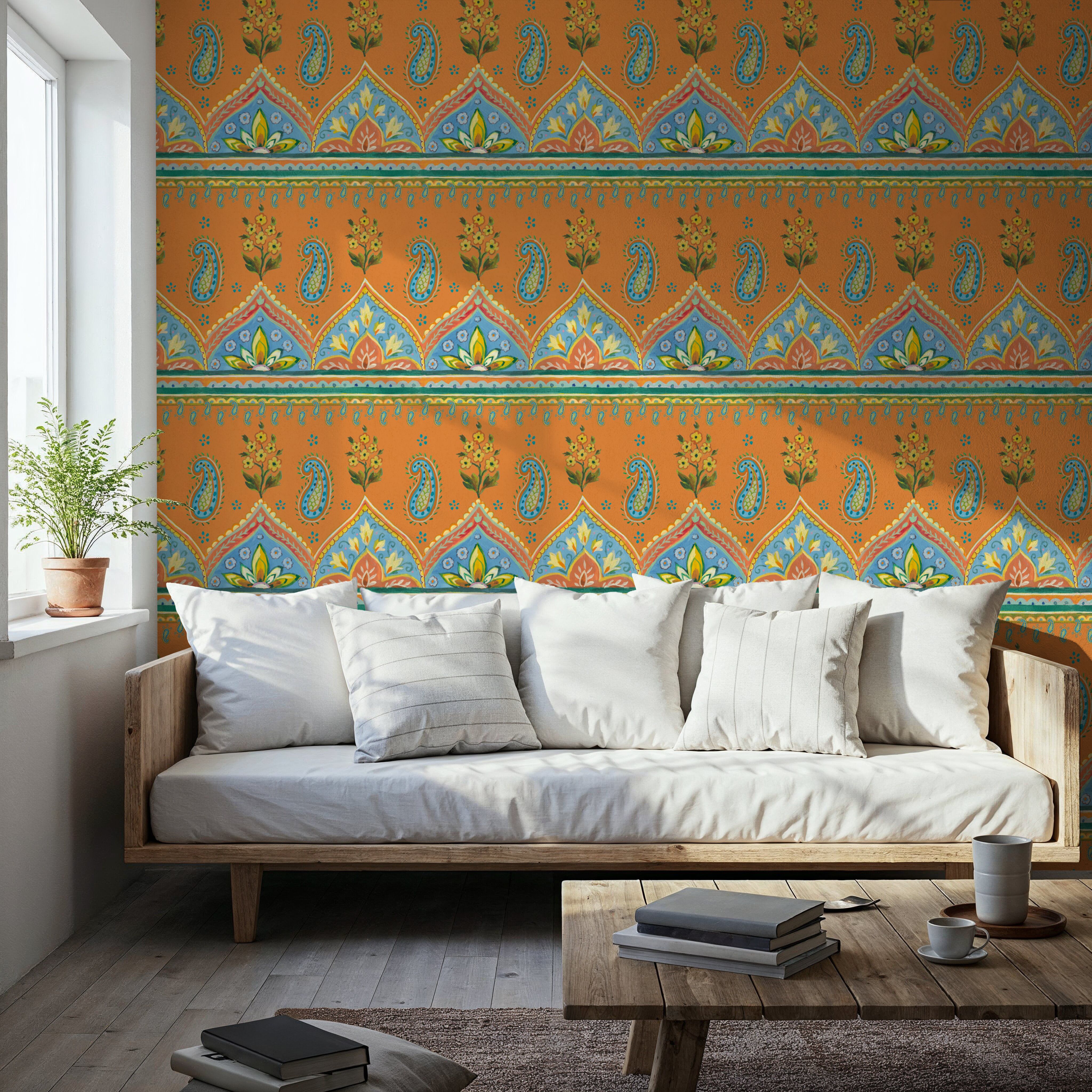Floral Paisley Orange, Wallpaper