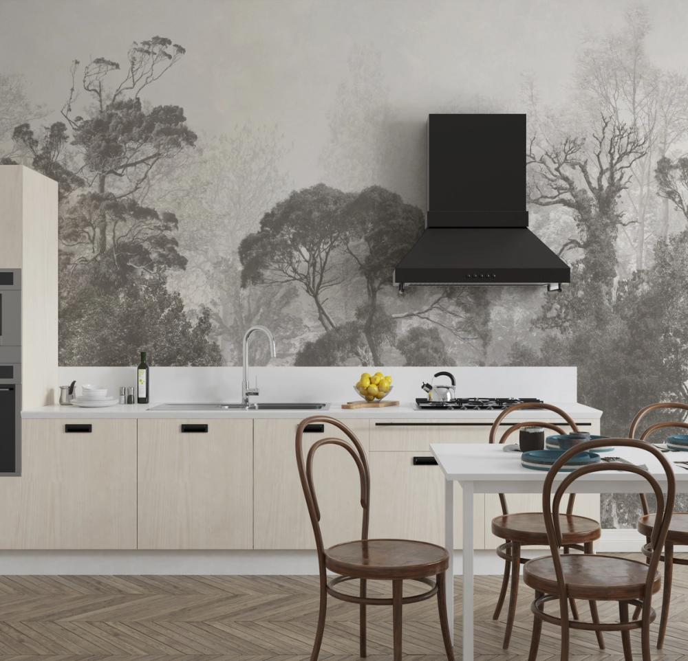 a photo of a kitchen with contemporary interior and forest wallpaper mural in muted gray on the walls