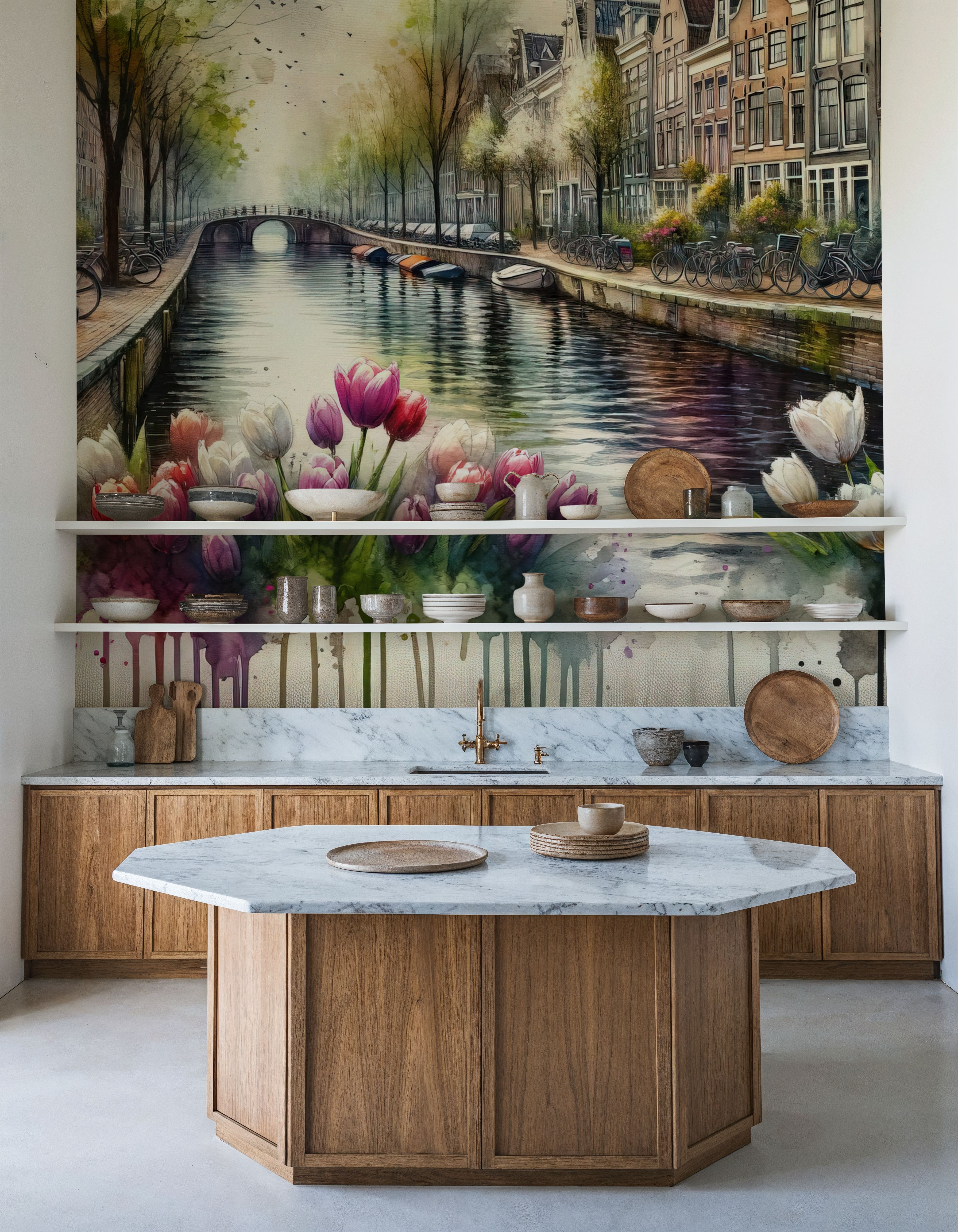 Watercolor Canal Scene Dutch Houses